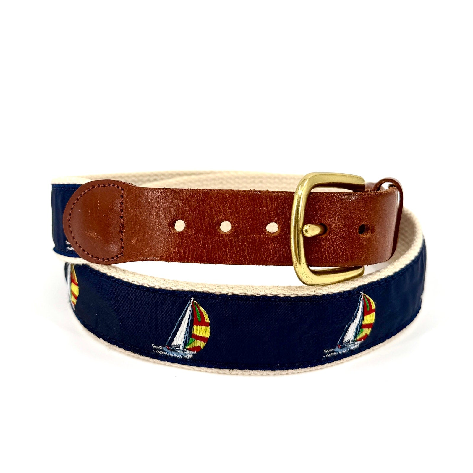 Leather Man Ltd Navy Tan Preppy Sailboat Belt