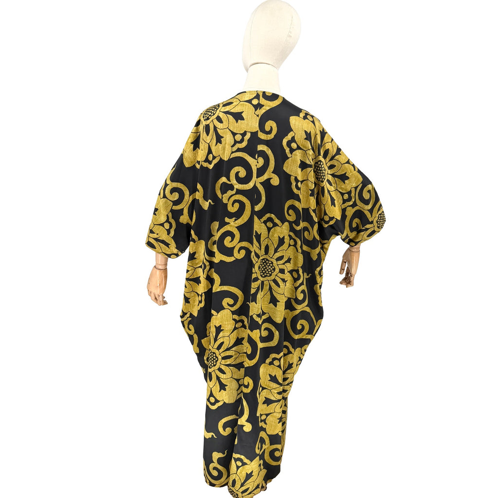 Natori Black Gold Floral Sequin Batwing Kaftan Maxi Dress