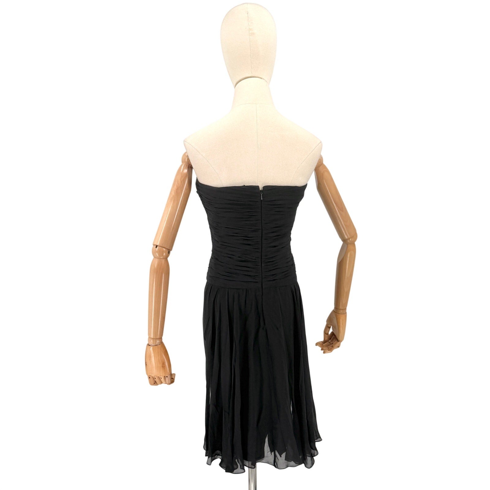 Vintage 90s Rickie Freeman Teri Jon Black 100% Silk Ruched Strapless Midi Dress
