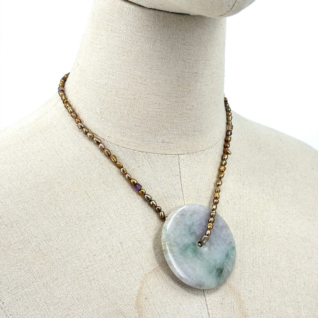Vintage 90s Copper Tone Pearl Amethyst Ice Jadeite Disk Toggle Necklace