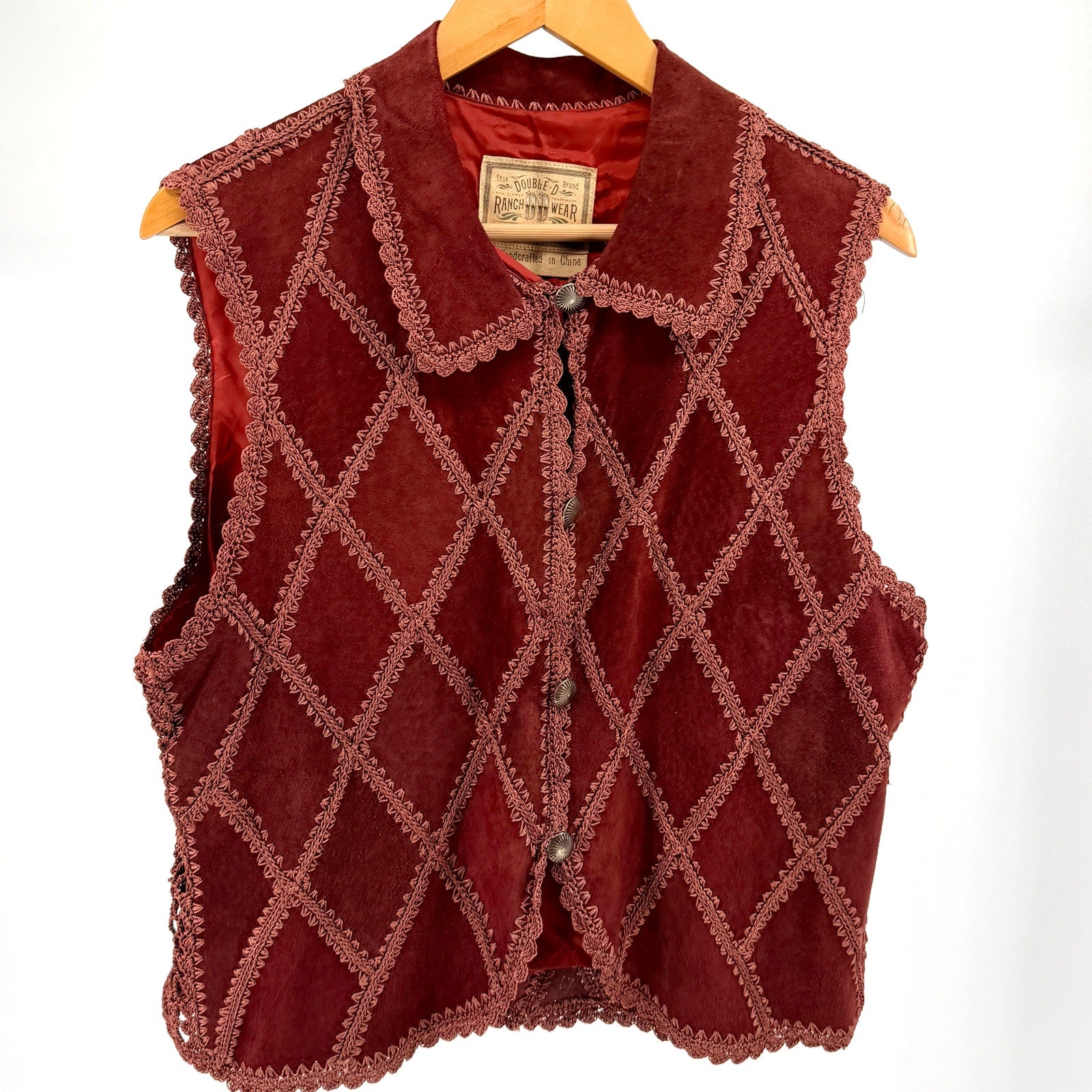 Vintage 90s Double D Ranchwear Maroon Genuine Suede Concho Button Vest