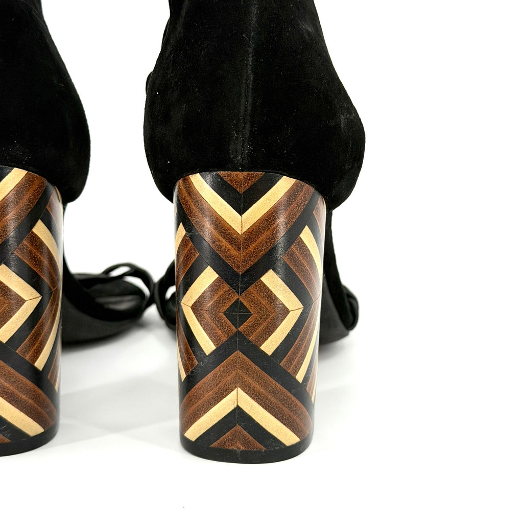 Jeffrey Campbell Black Suede Wood Inlay Geometric Block Heel Lindsay Sandals