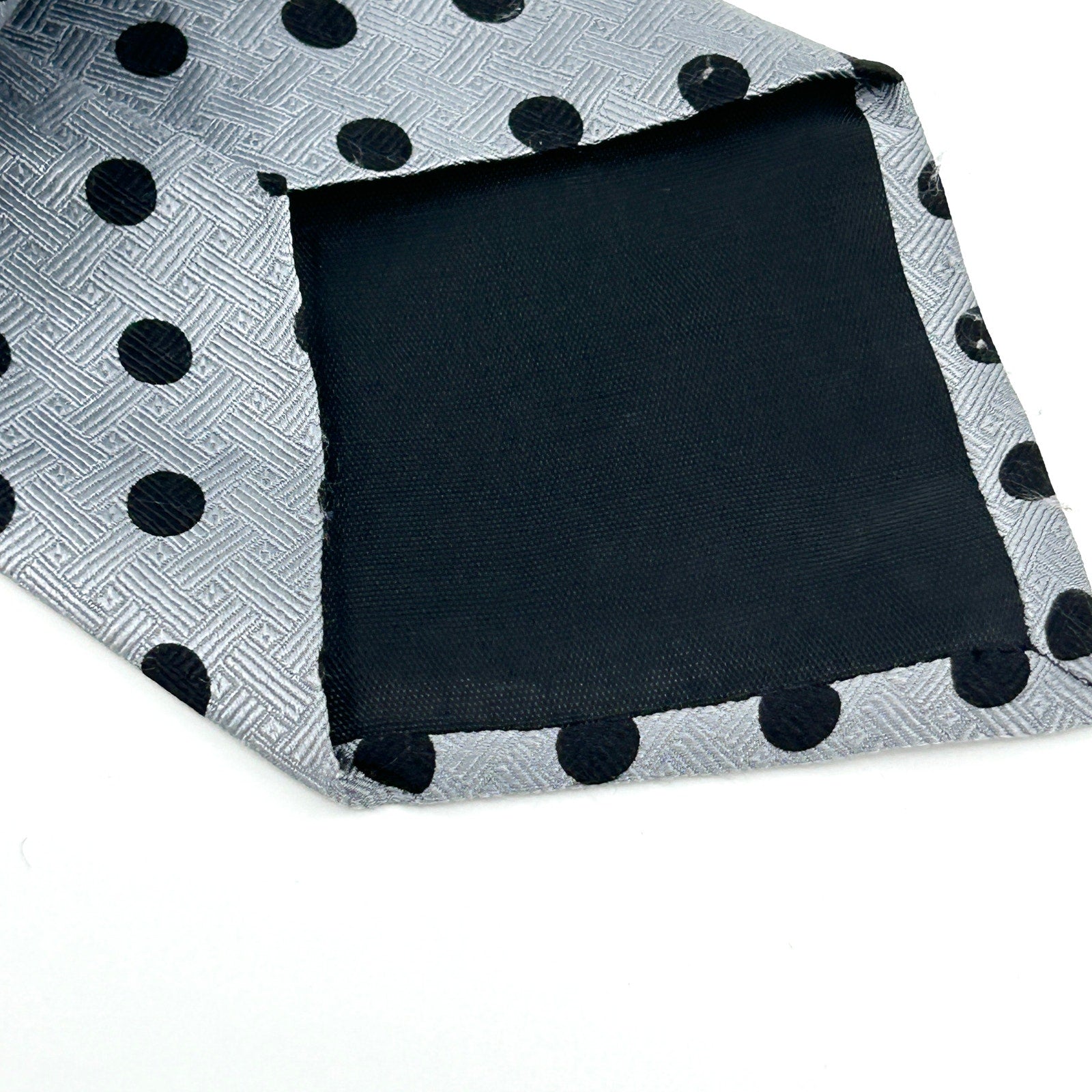 Vintage 80s Andrew Scott Silver Black Polka Dot 100% Silk Necktie