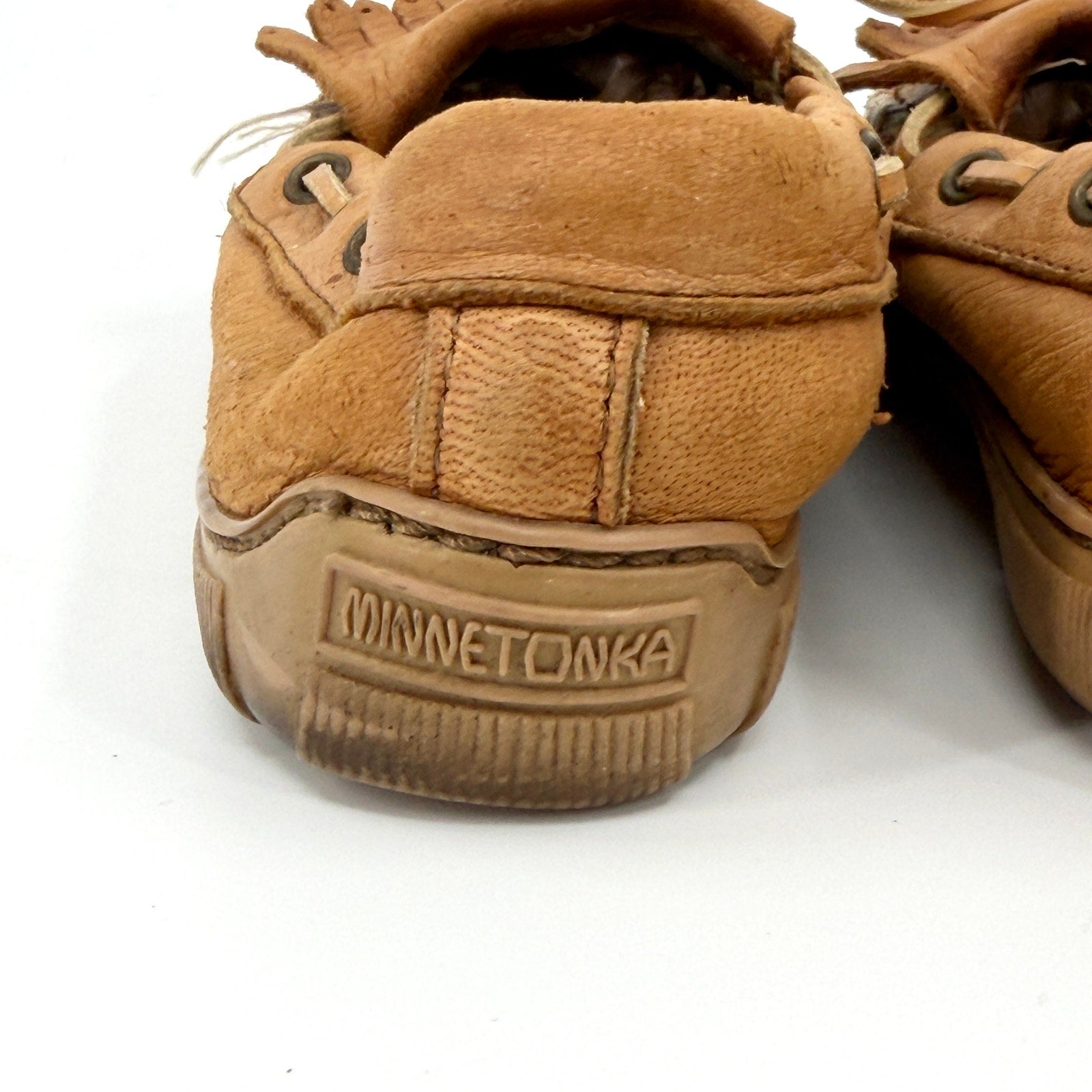 Vintage 90s Minnetonka Tan Genuine Leather Fringe Moccasin Loafers