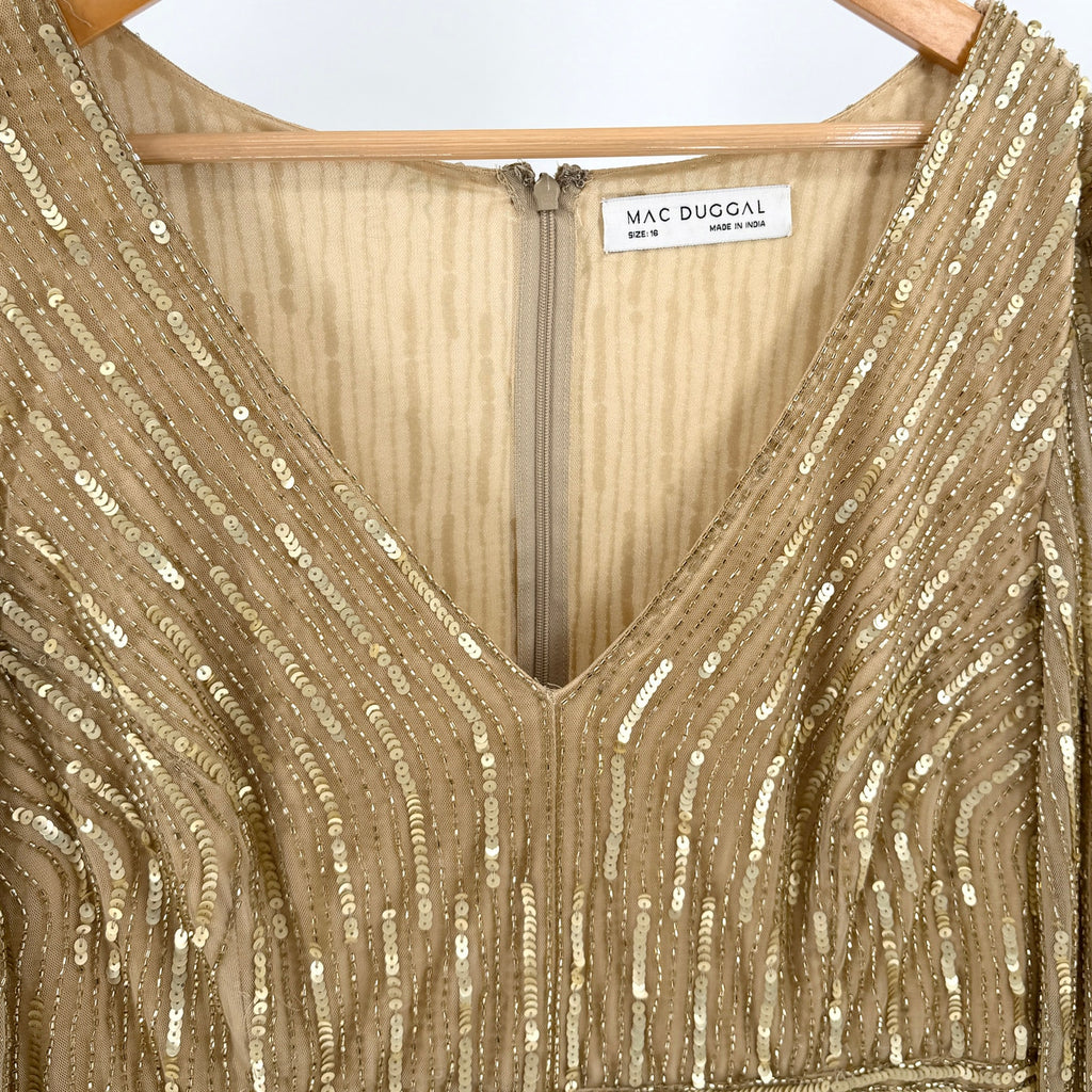 Mac Duggal Gold Beaded Sequin Elegant Long Sleeve V Neck Evening Gown Dress