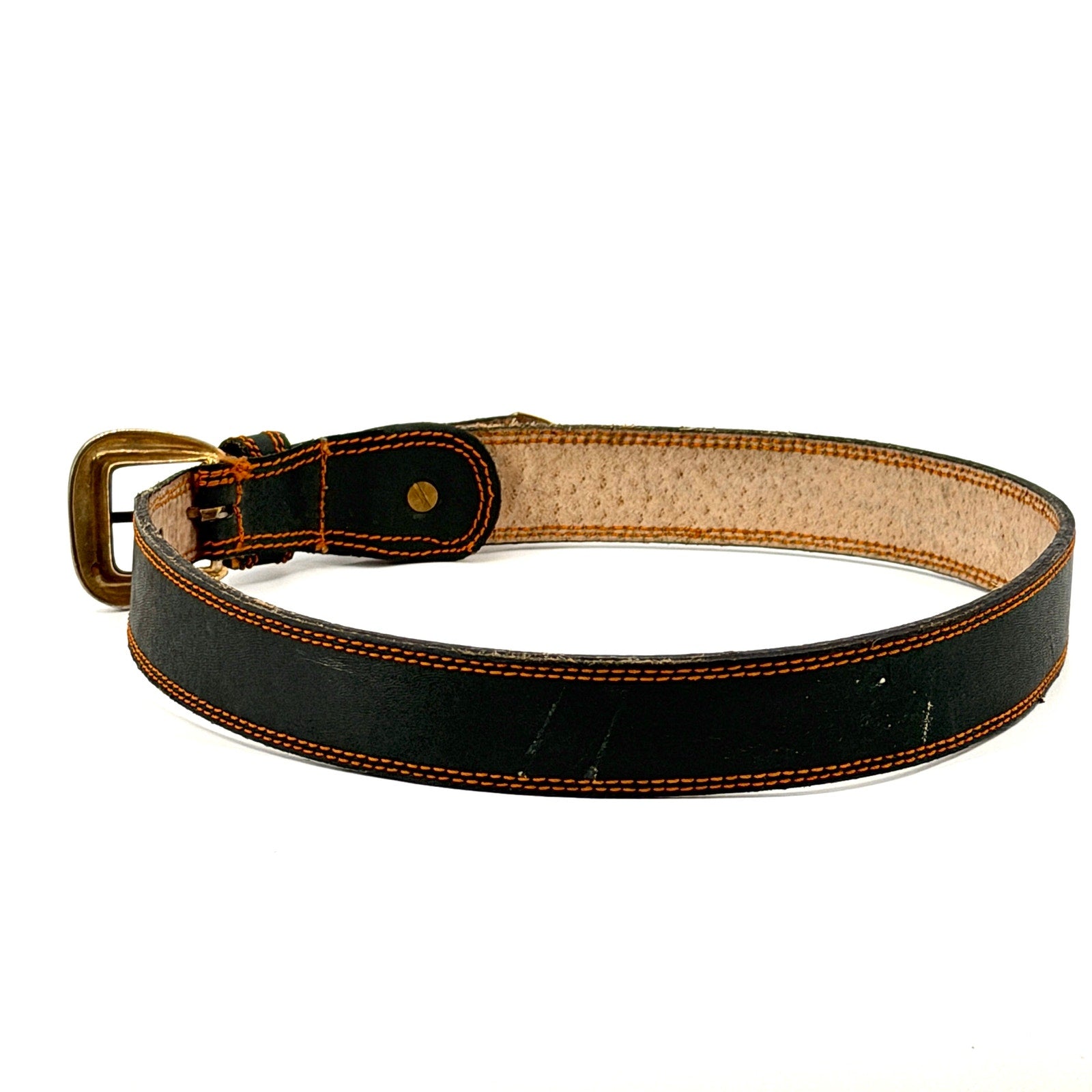 Vintage 90s Forest Green Genuine Leather Belt with Orange Stitching