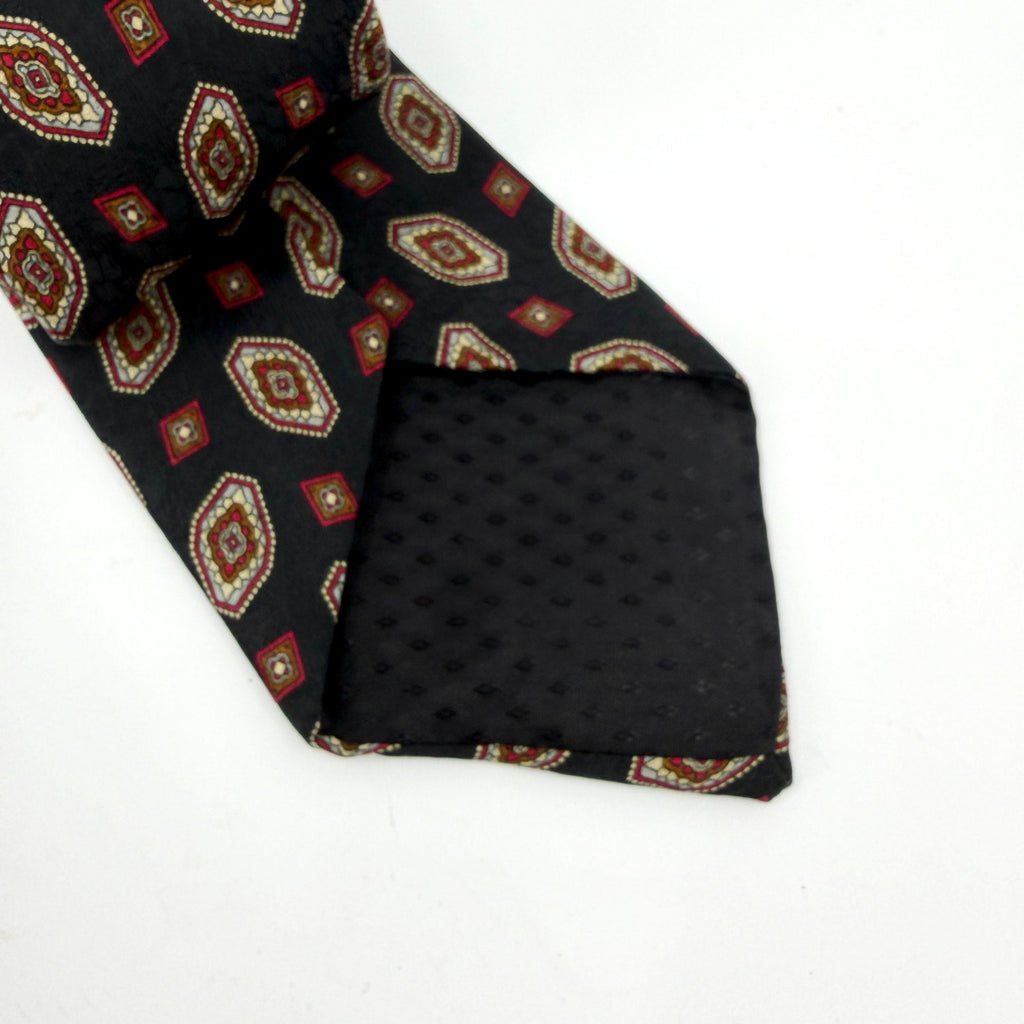 Vintage 80s Hardy Amies Black 100% Silk Red Medallion Wide Necktie