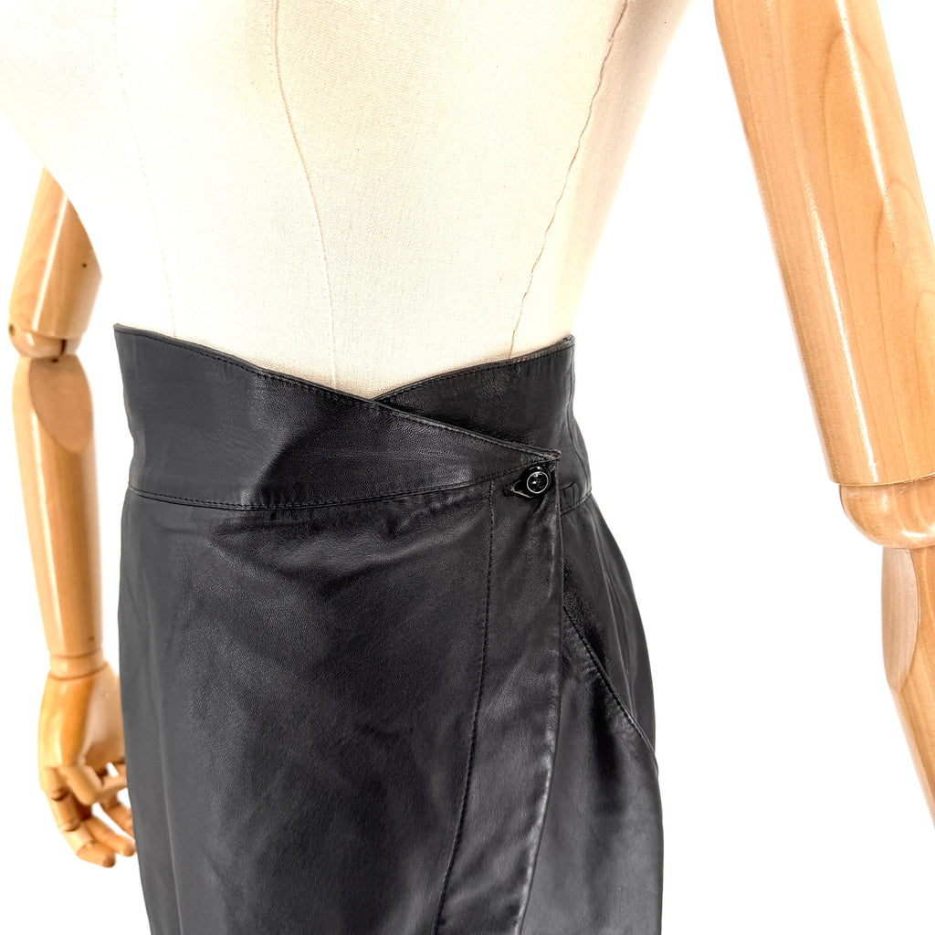 Vintage 80s Complice Black Genuine Leather High Waist Wrap Skirt
