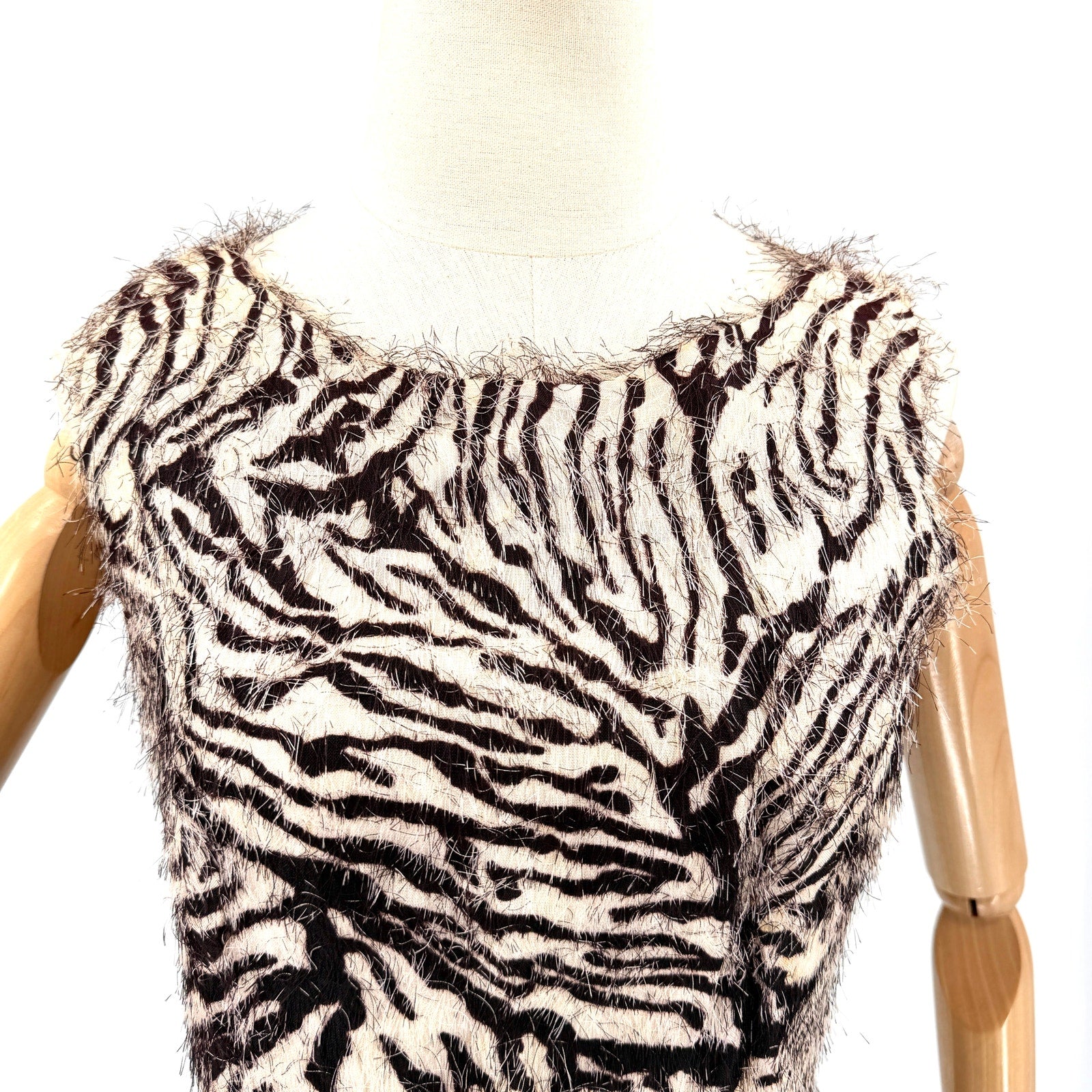 Vintage 60s Handmade Cream Eggplant Purple Eyelash Knit Zebra Pencil Dress