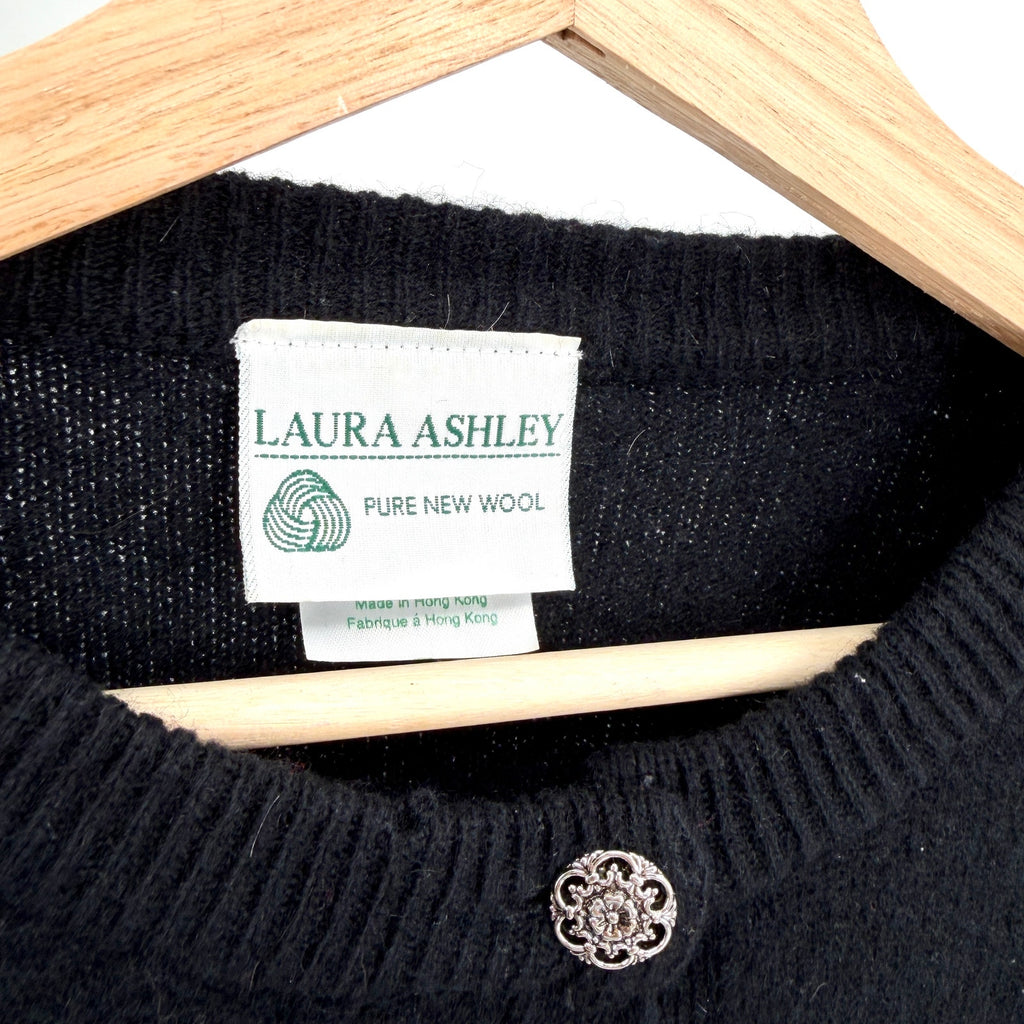 Vintage 90s Laura Ashley Black 100% Wool Ornate Button Long Cardigan Sweater