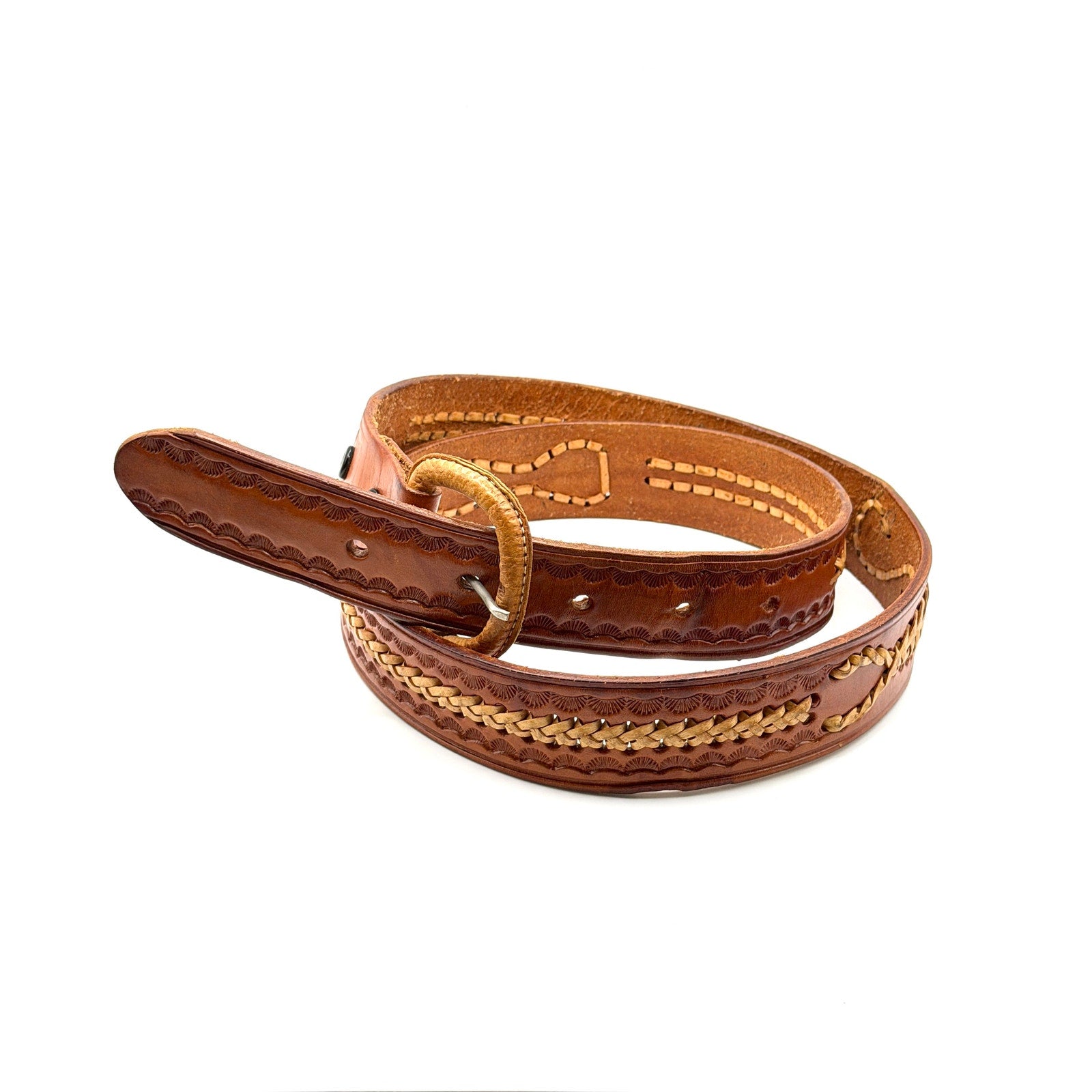 Vintage 70s Western Genuine Leather Artisan Tooled Whipstitch Unisex Waist Belt