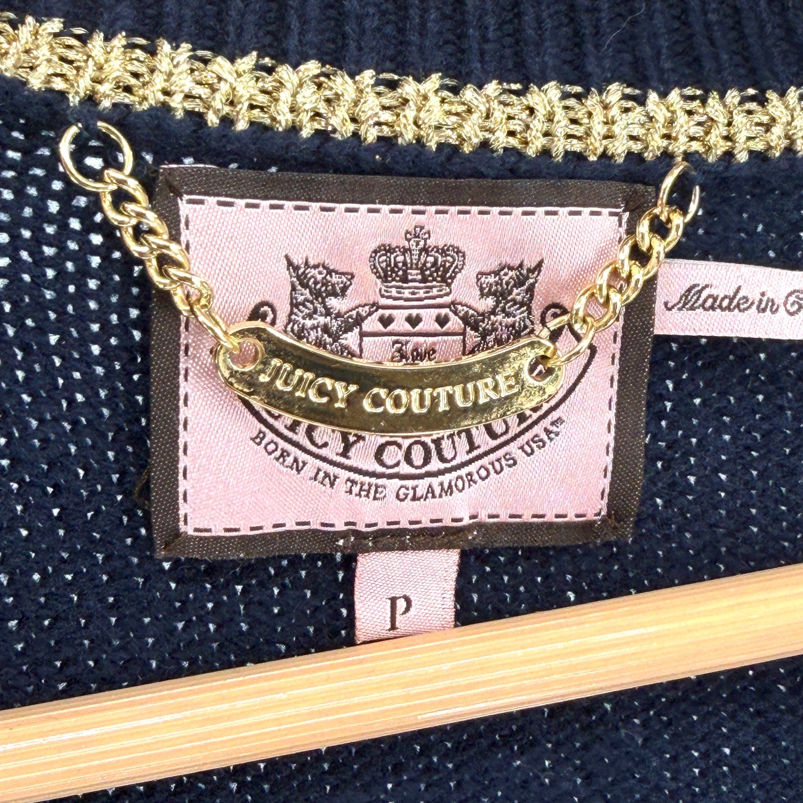 Vintage Y2K Juicy Couture Navy Blue Preppy Gold Metallic Trim Cardigan