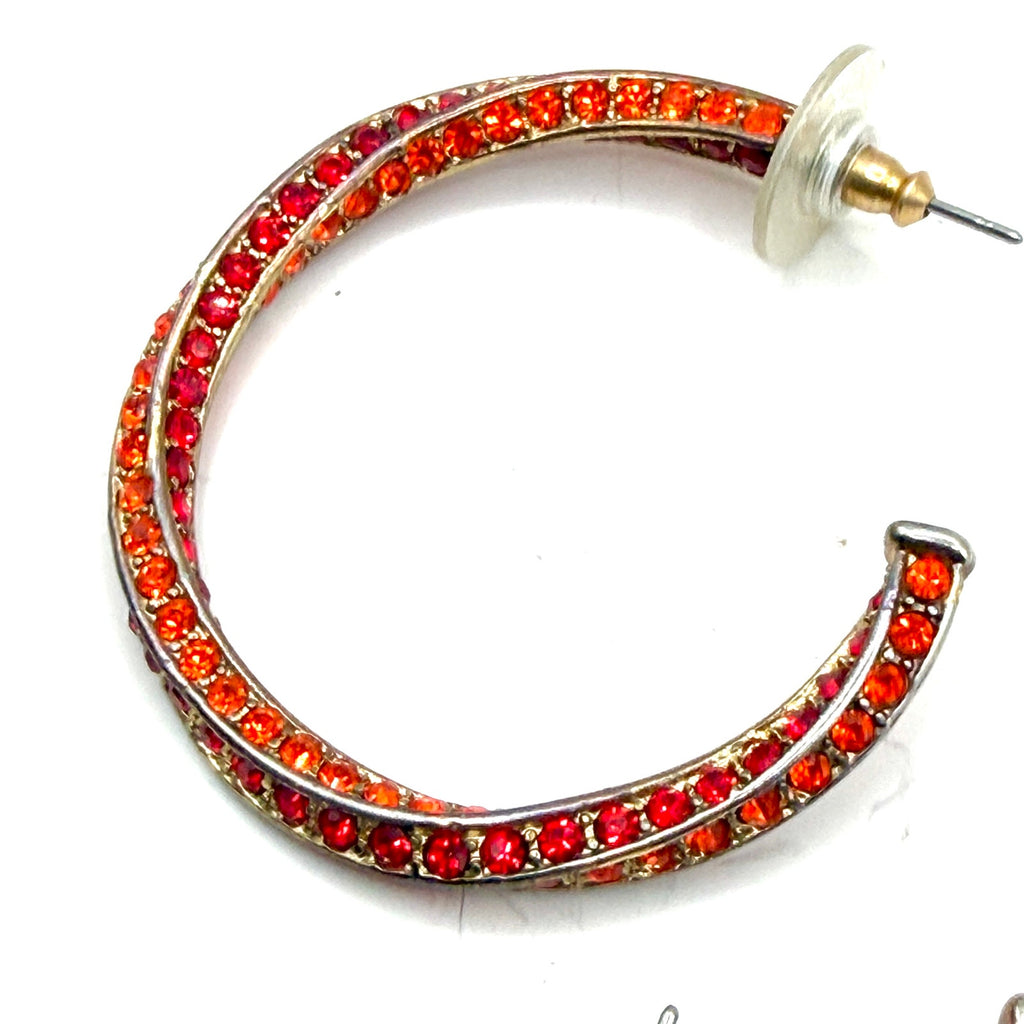 Vintage Y2K Tangerine Red Rhinestone Pave Twisted Hoop Earrings