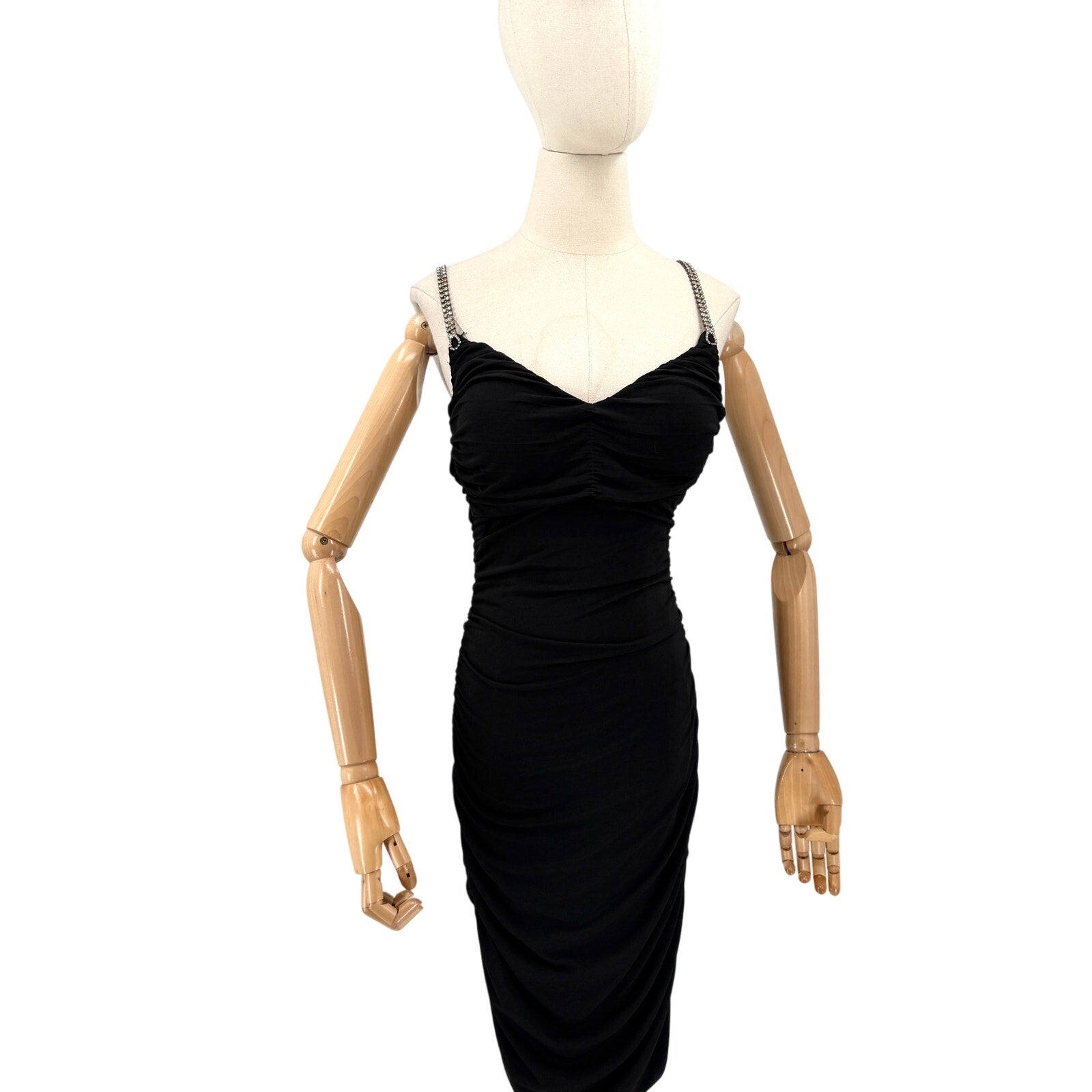 Vintage Y2K Sexy Cache Black Ruched Rhinestone Chain-Back Cocktail Dress