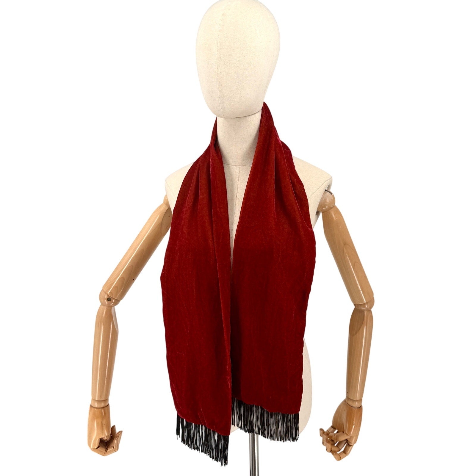 Vintage Y2K Tasha Polizzi Rust Orange Red Velvet Fringe Formal Scarf
