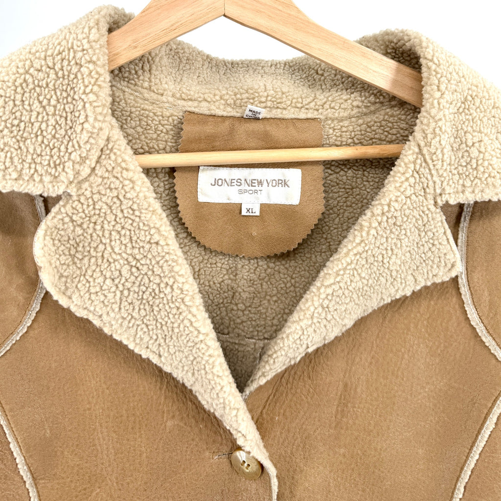 Vintage 90s Jones New York Sport Tan GenuineLeather Shearling Coat