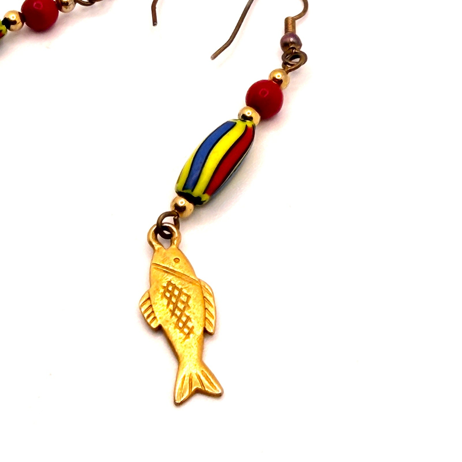 Vintage 90s Multicolor Venetian Glass African Trade Bead Gold Fish Drop Earrings