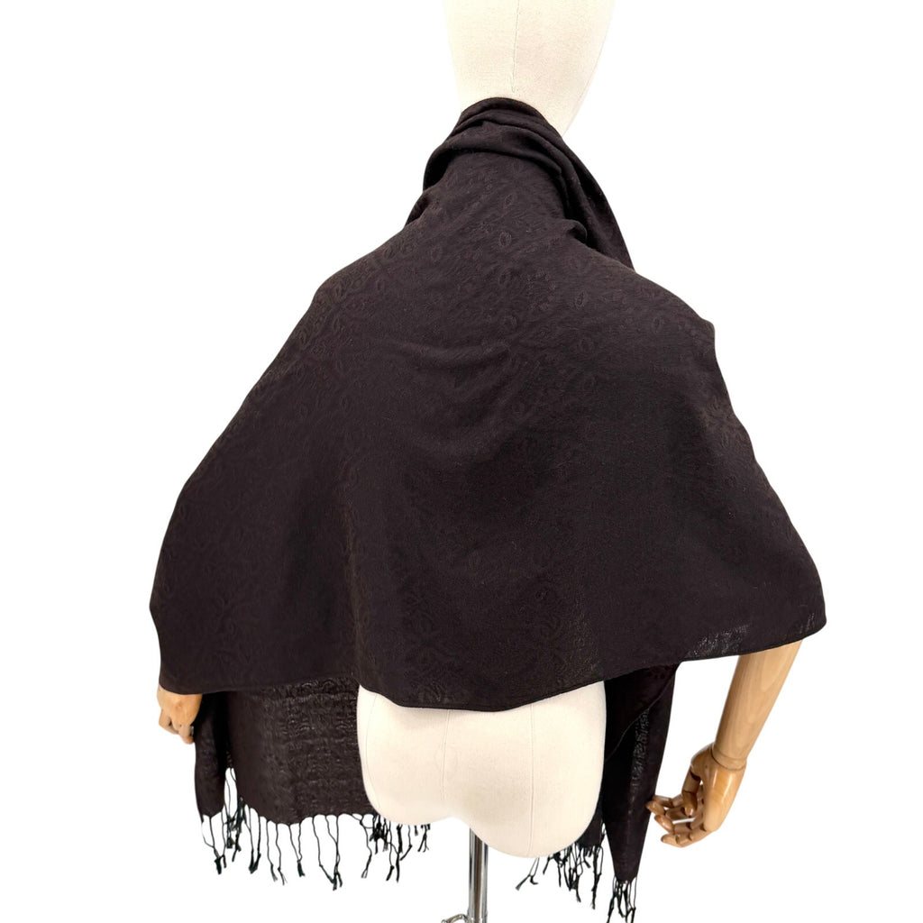 Vintage Y2K Brown Black Pashmina Silk Patterned Fringe Scarf