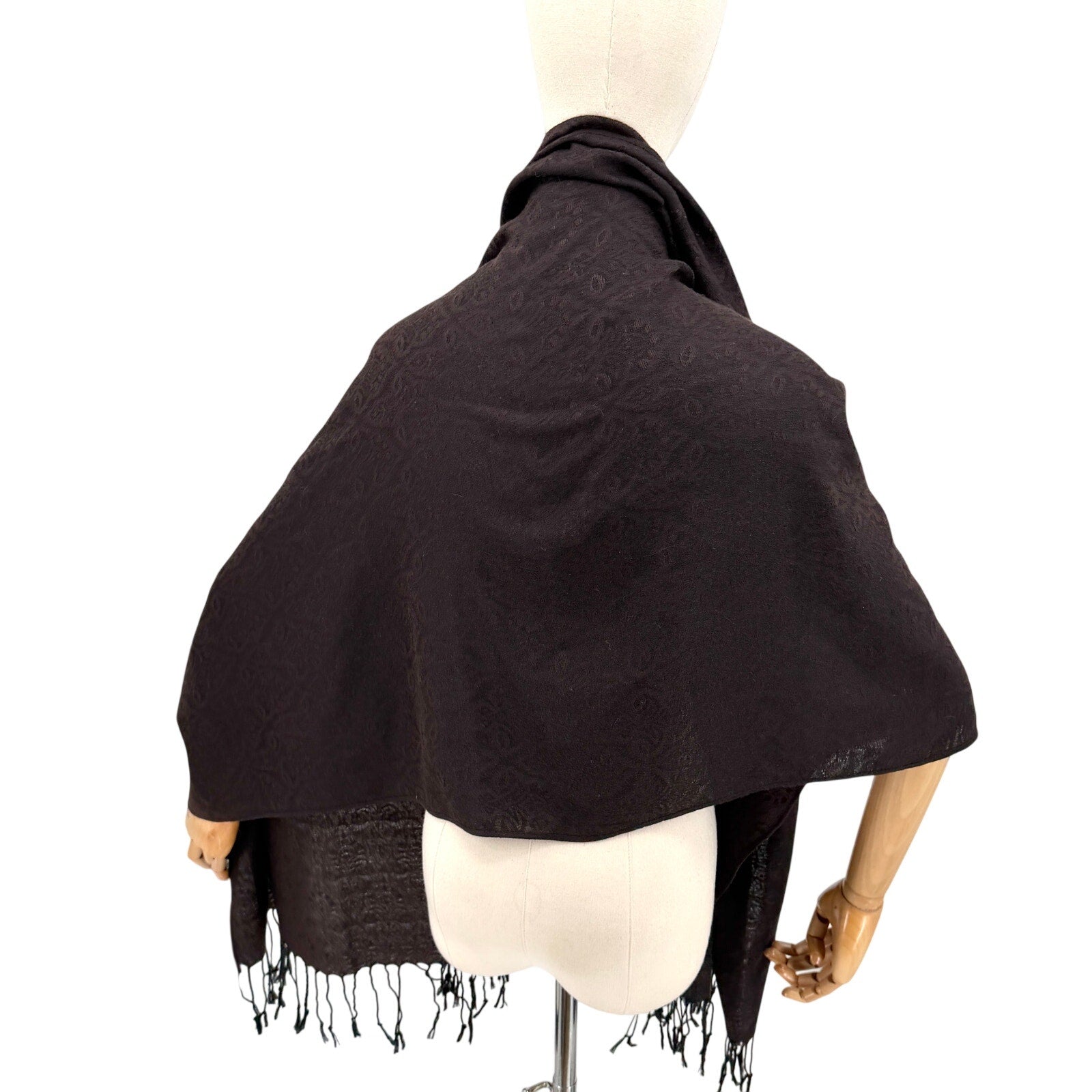 Vintage Y2K Brown Black Pashmina Silk Patterned Fringe Scarf