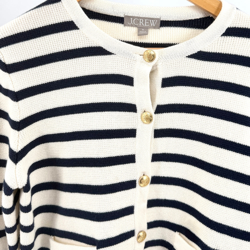 J.Crew Emilie Cream Navy Striped Gold Button 100% Cotton Cardigan Sweater Jacket