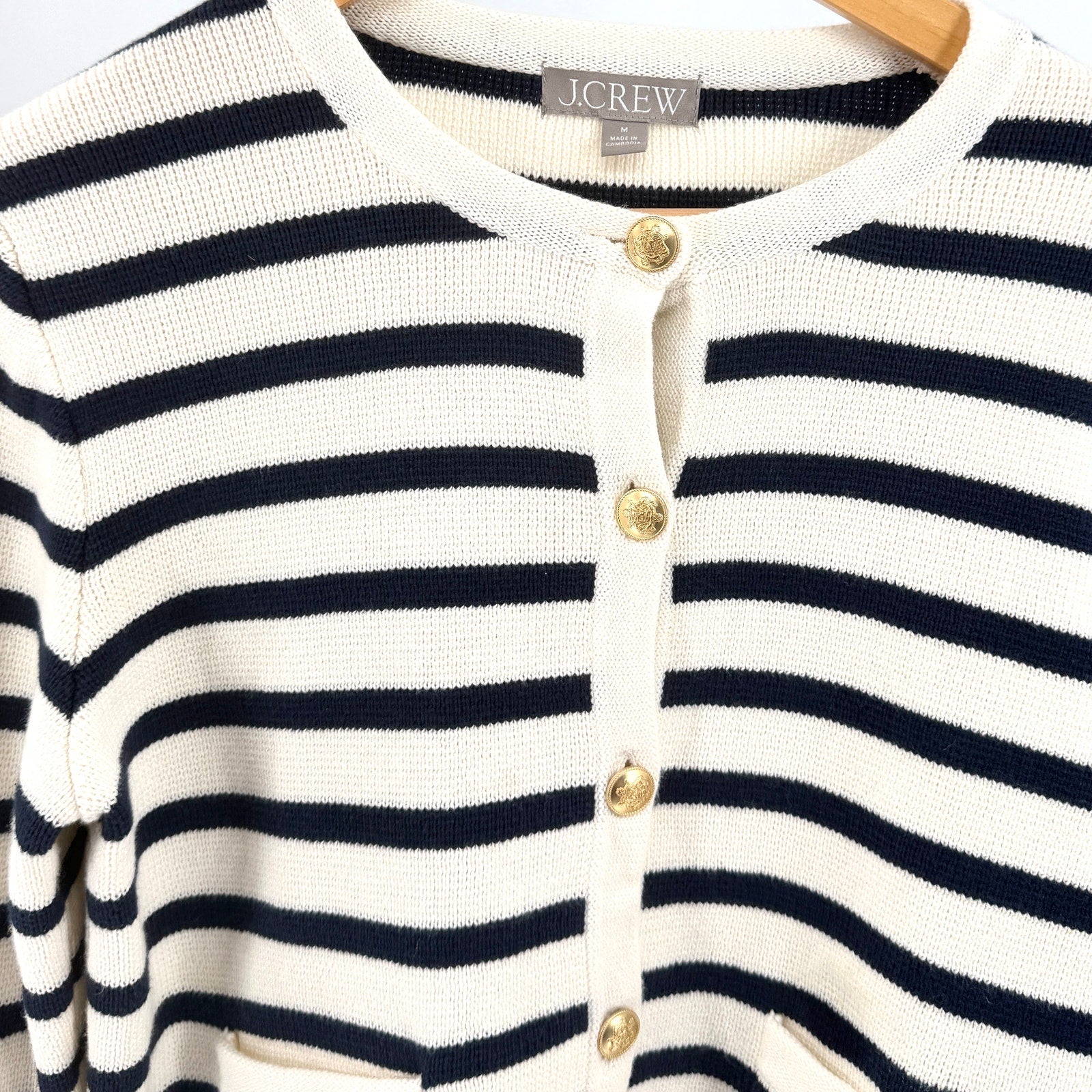 J.Crew Emilie Cream Navy Striped Gold Button 100% Cotton Cardigan Sweater Jacket