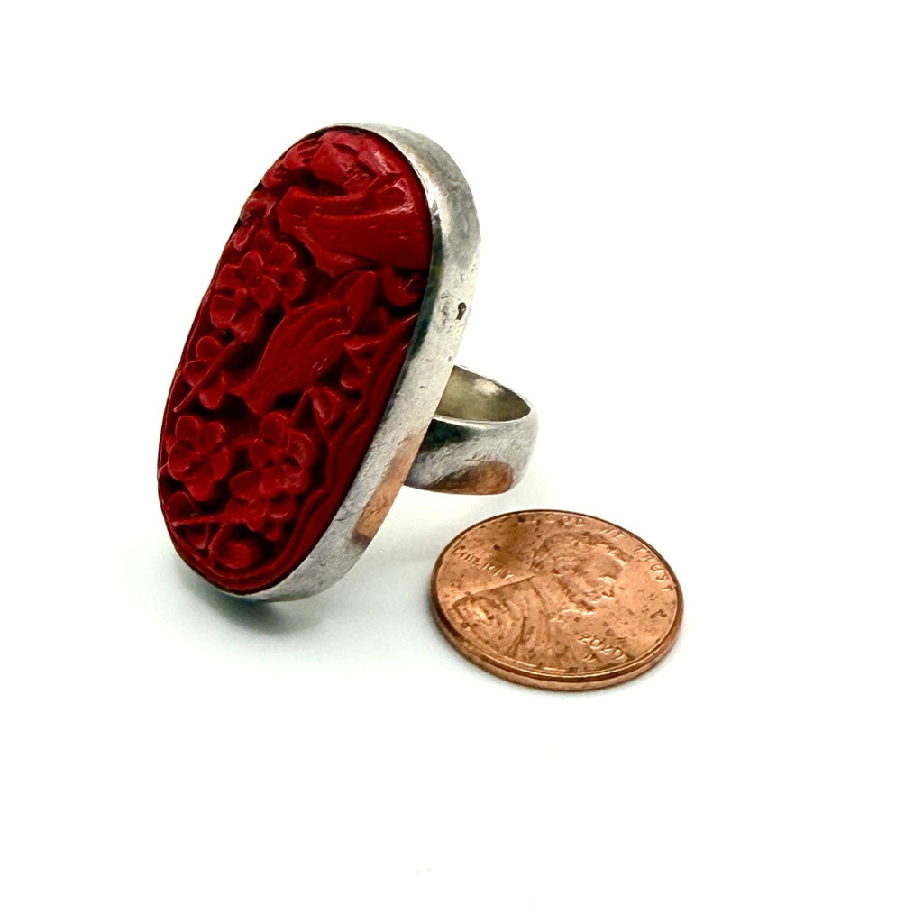 Vintage 90s Carved Cinnabar Sterling Silver Bird & Floral Statement Ring