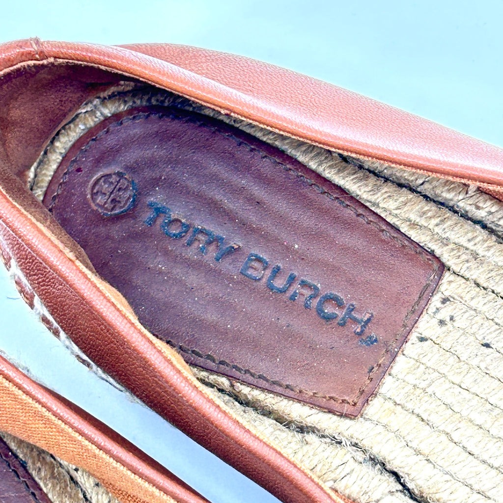 Tory Burch Tan Genuine Leather Logo Jute Espadrille Flats