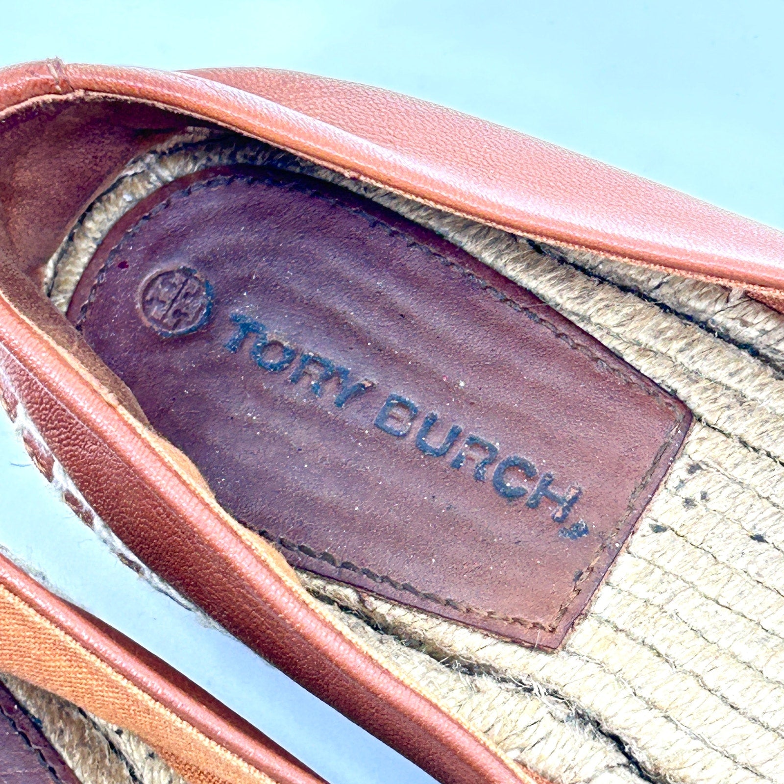 Tory Burch Tan Genuine Leather Logo Jute Espadrille Flats