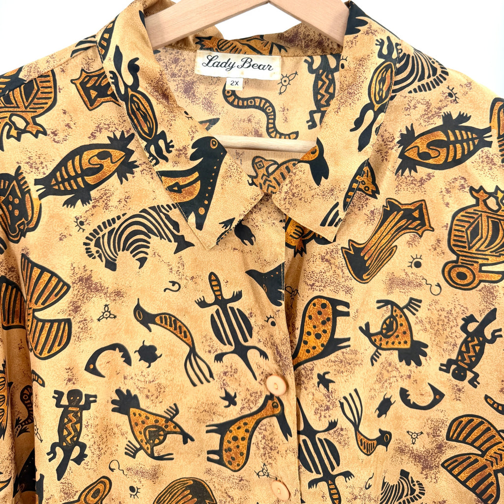 Vintage 90s Lady Bear Tan 100% Silk Southwestern Tribal Shirt
