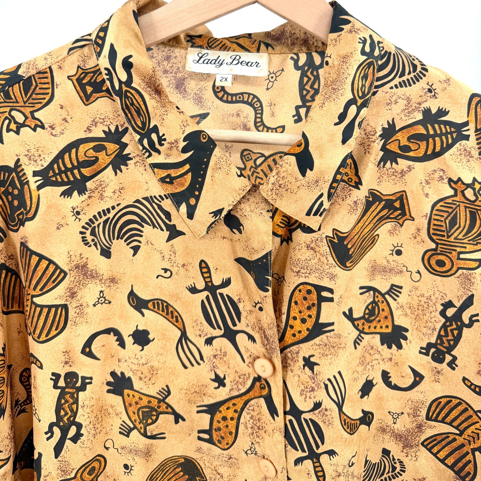 Vintage 90s Lady Bear Tan 100% Silk Southwestern Tribal Shirt