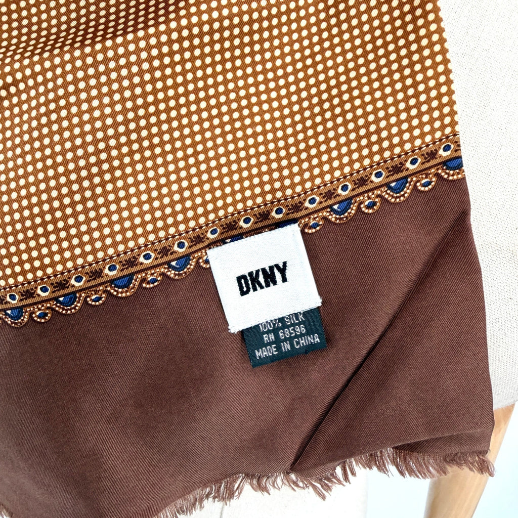 DKNY Brown 100% Silk Micro Polkadot Two Ply Neck Scarf