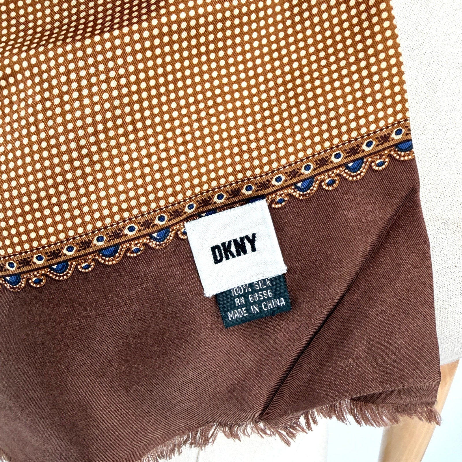 DKNY Brown 100% Silk Micro Polkadot Two Ply Neck Scarf