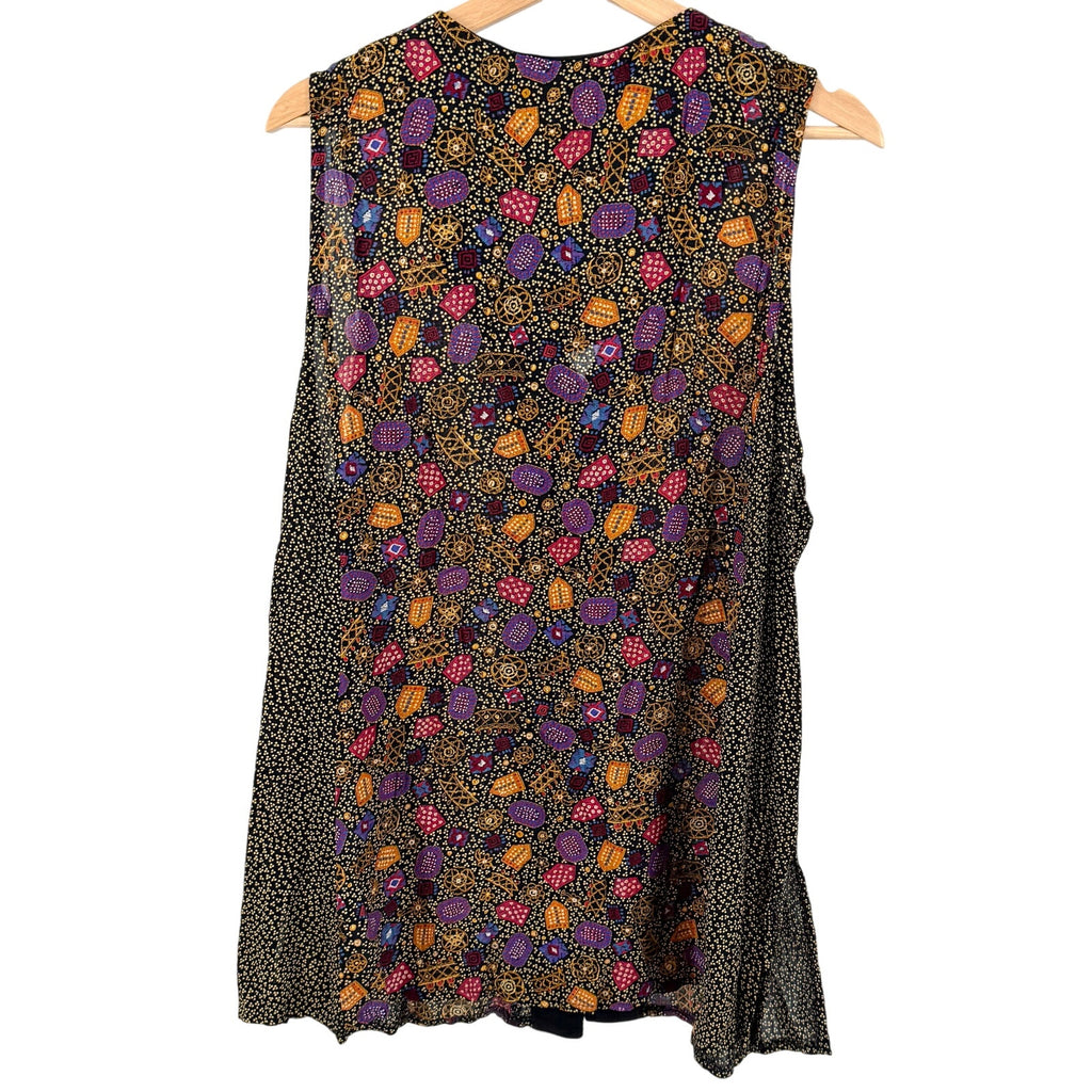 Vintage 90s 1601 Black Rayon Ditsy Geometric Beaded Ties Vest Top