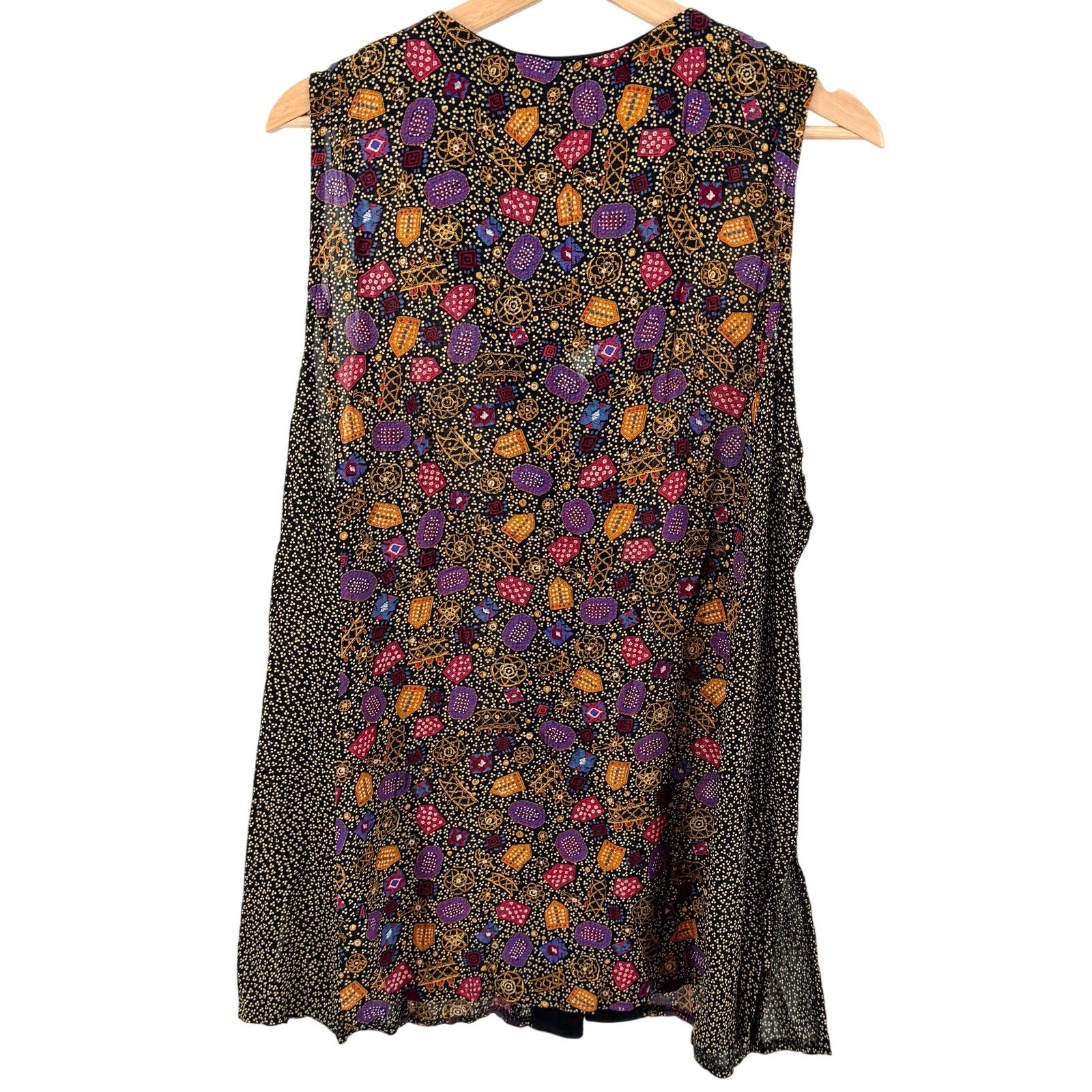 Vintage 90s 1601 Black Rayon Ditsy Geometric Beaded Ties Vest Top