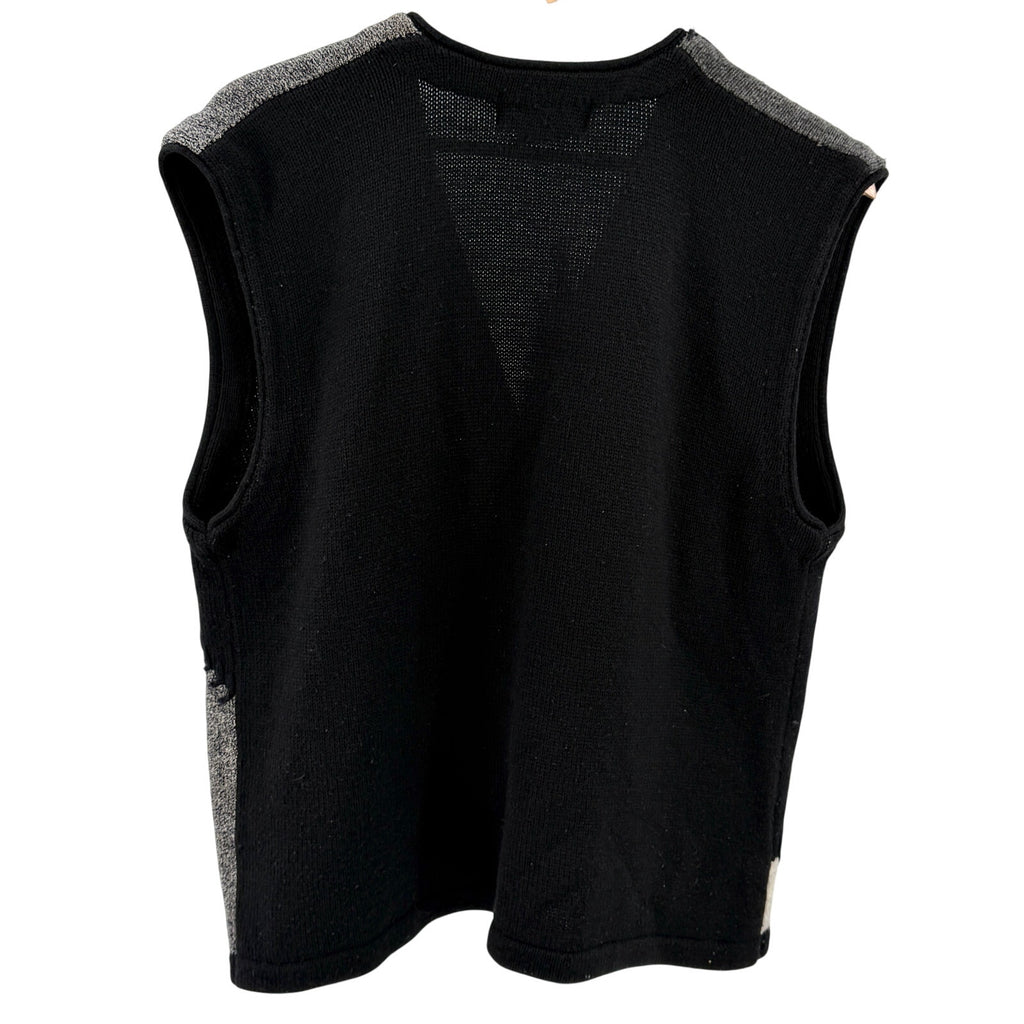 Vintage 90s Fred Thomas Black Gray Patchwork Stitch Mens Lambswool Sweater Vest