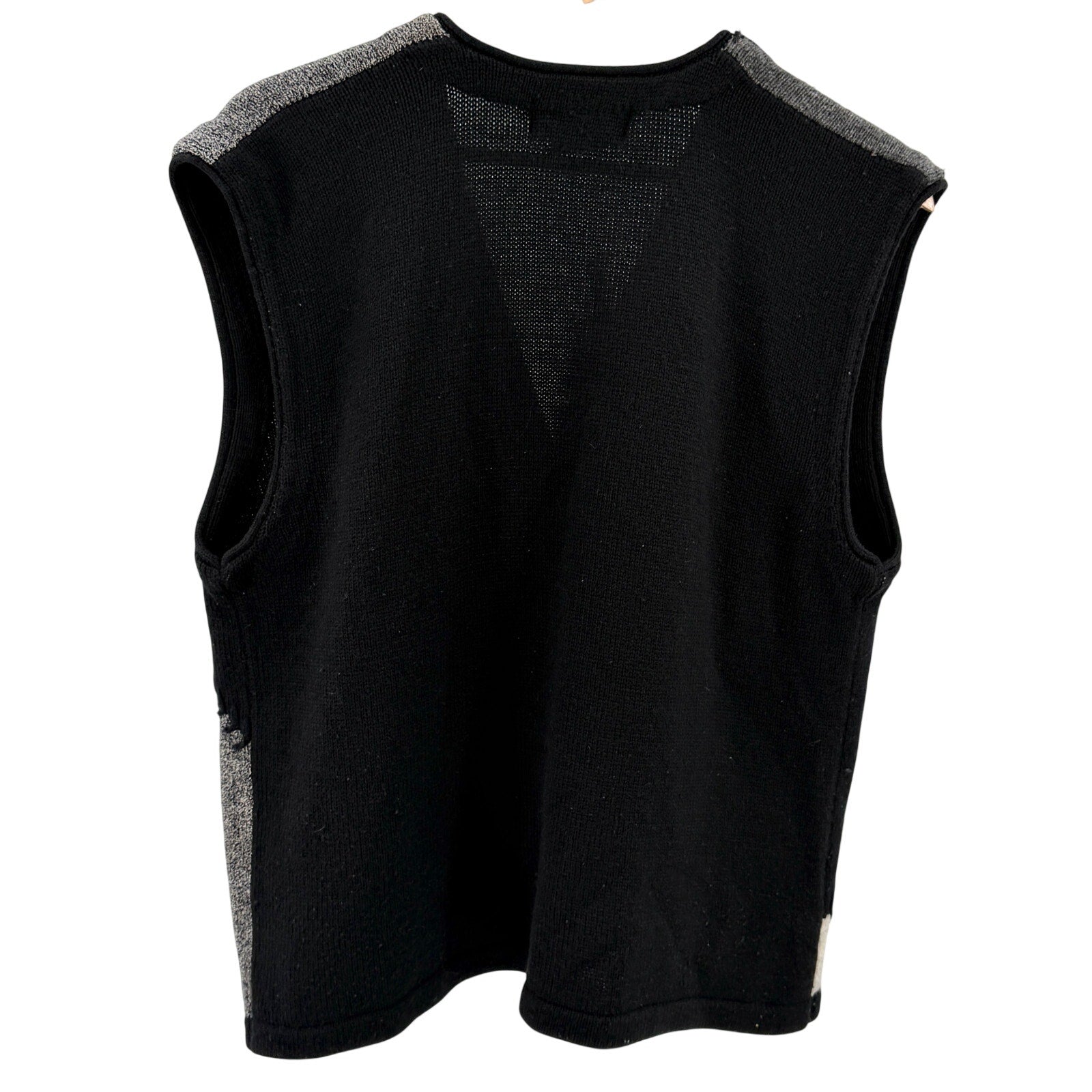 Vintage 90s Fred Thomas Black Gray Patchwork Stitch Mens Lambswool Sweater Vest
