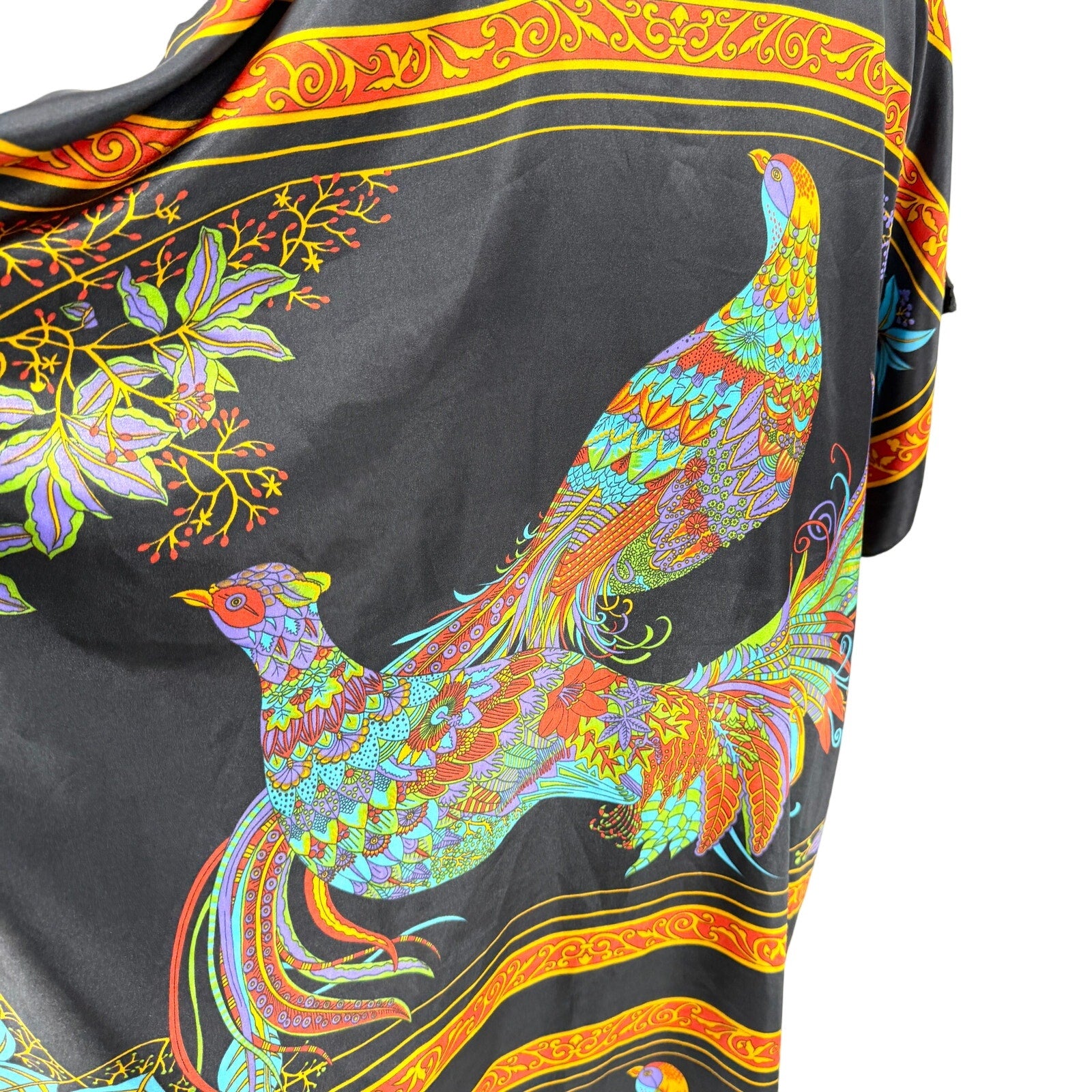 Vintage 90s Winlan Black Peacock Print Satin Kimono Robe