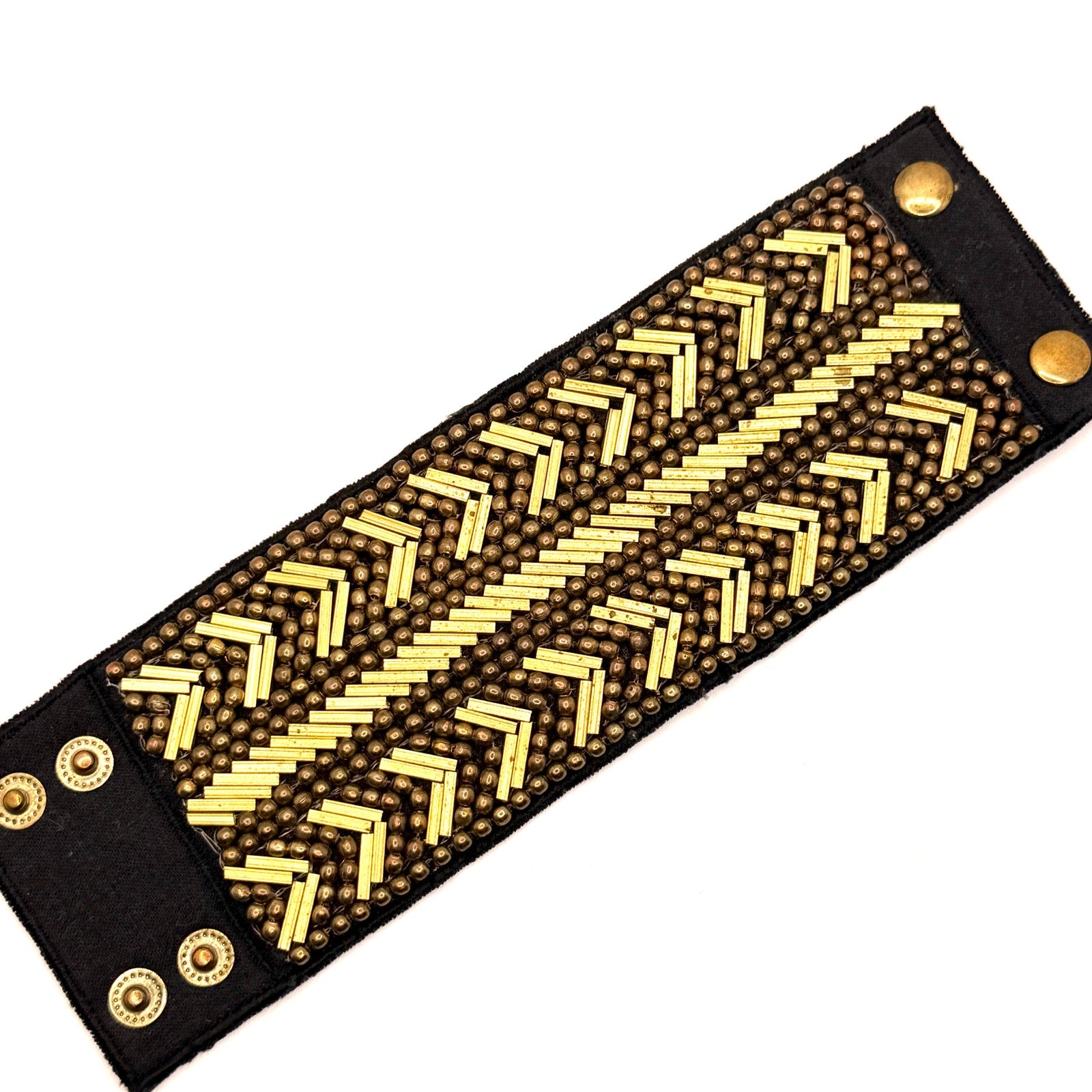 Vintage 90s Gold Tone Beaded Geometric Black Fabric Cuff Bracelet