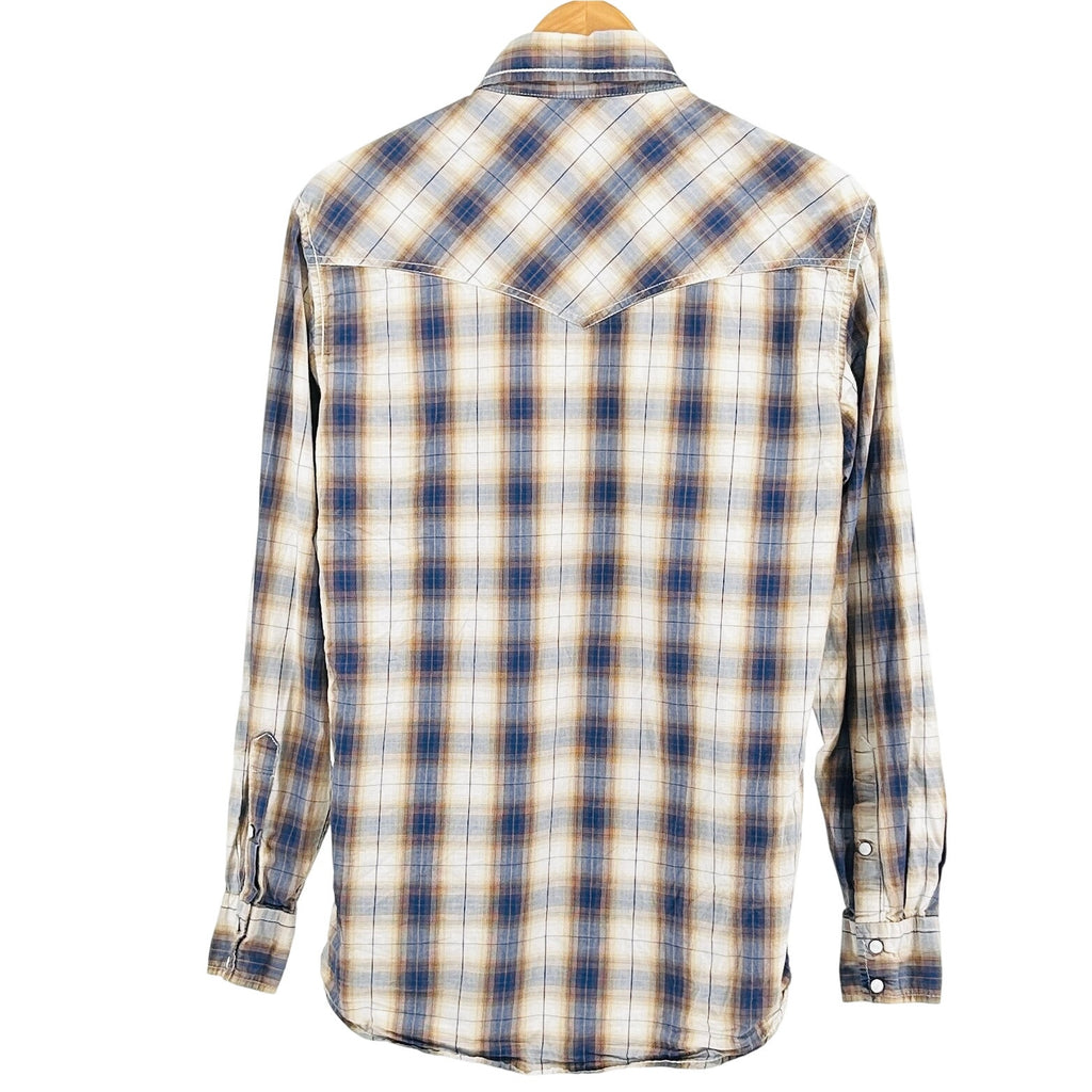 Rafter C Blue Tan Plaid 100% Cotton Western Pearl Snap Shirt