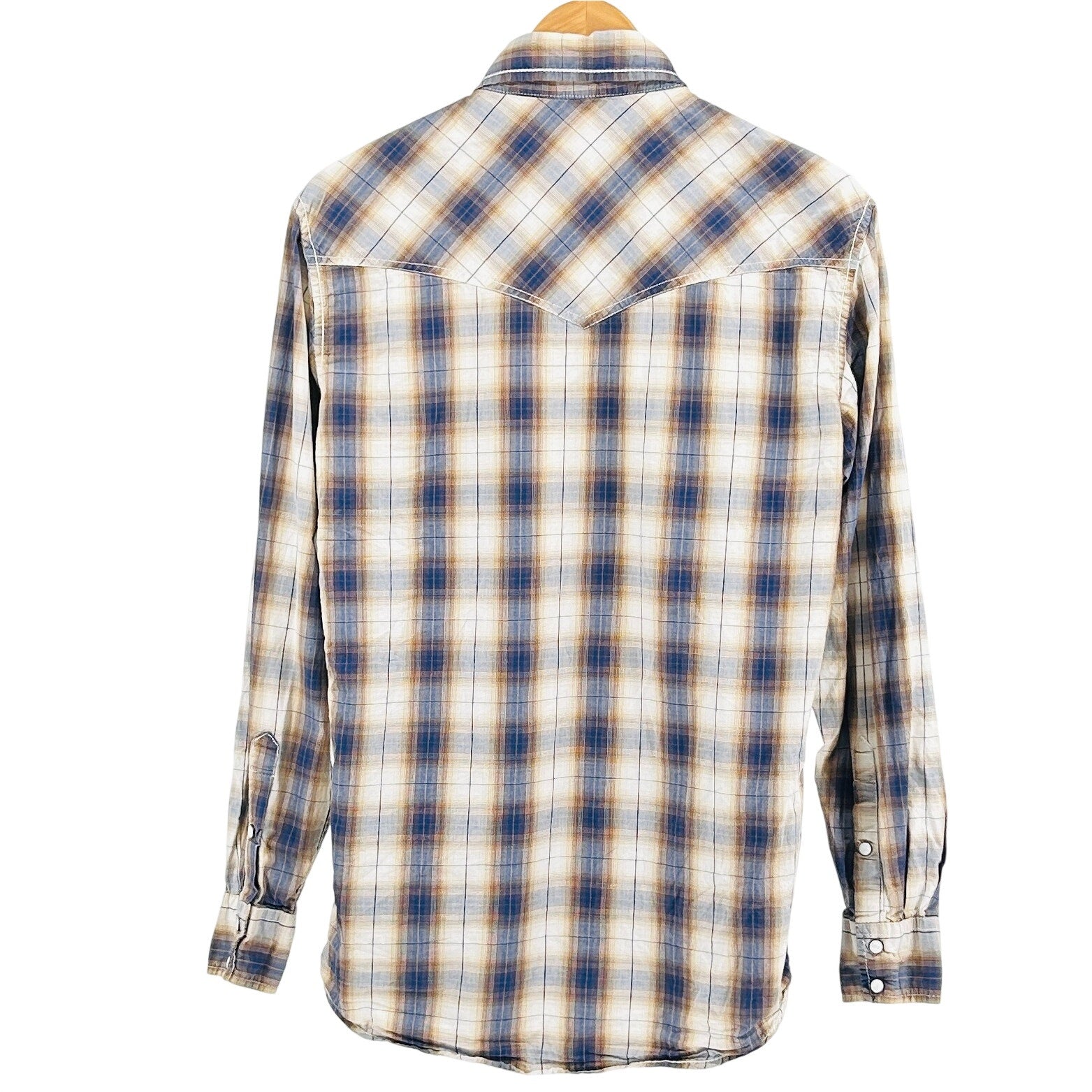 Rafter C Blue Tan Plaid 100% Cotton Western Pearl Snap Shirt
