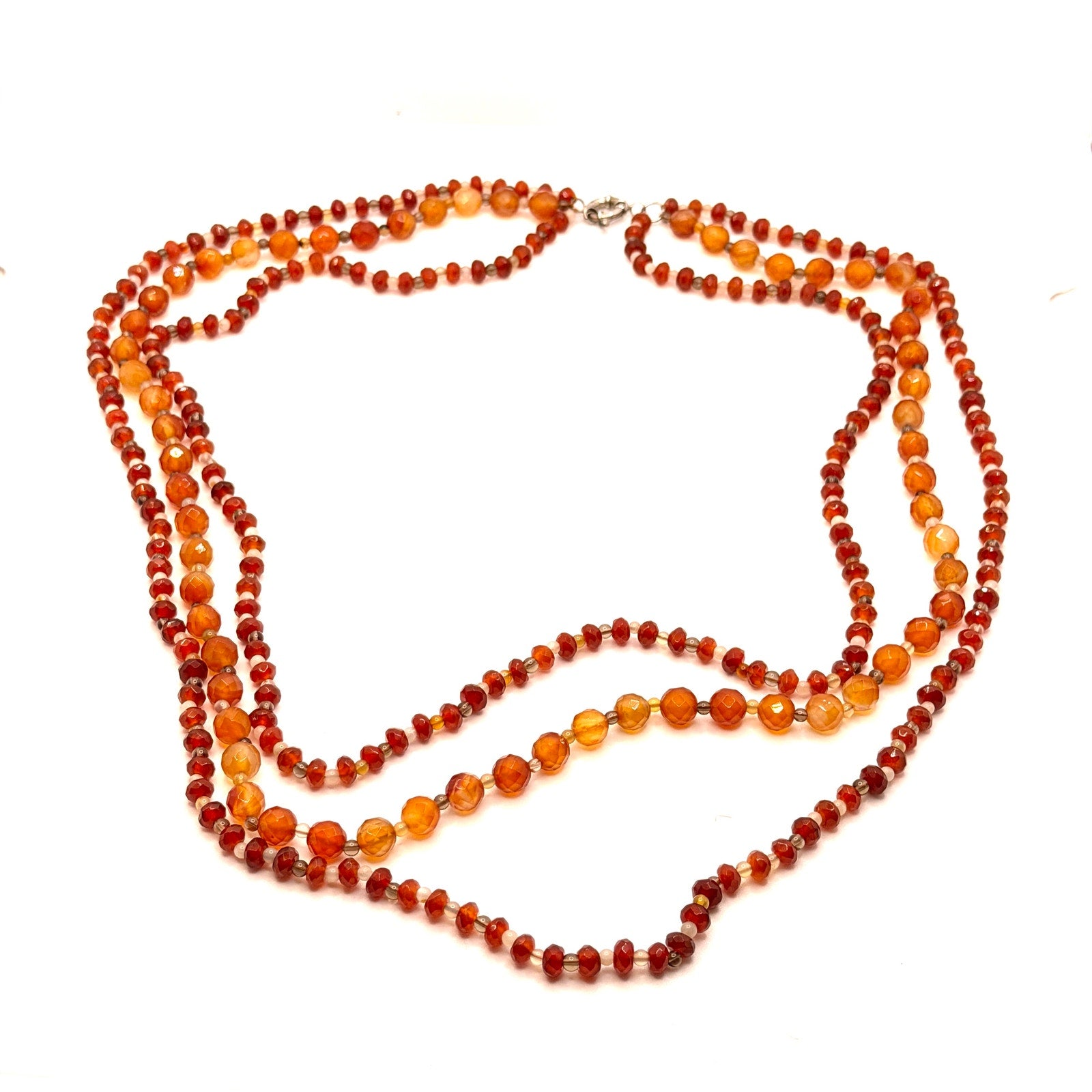 Vintage 90s Orange Carnelian Smoky Quartz Multi Strand Faceted Necklace