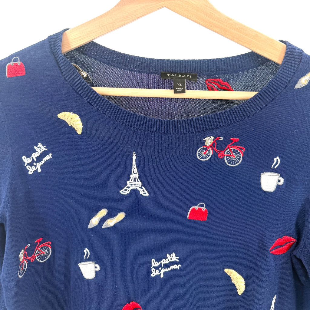 Talbots Navy Blue Parisian Embroidered Eiffel Tower Crewneck Sweater