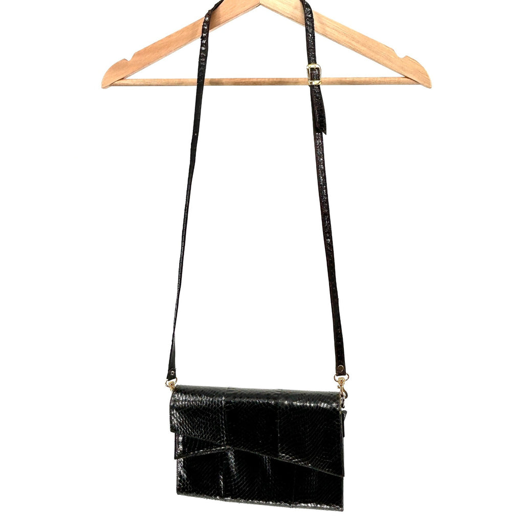 Vintage 80s Black Genuine Snakeskin Gold Hardware Crossbody Clutch