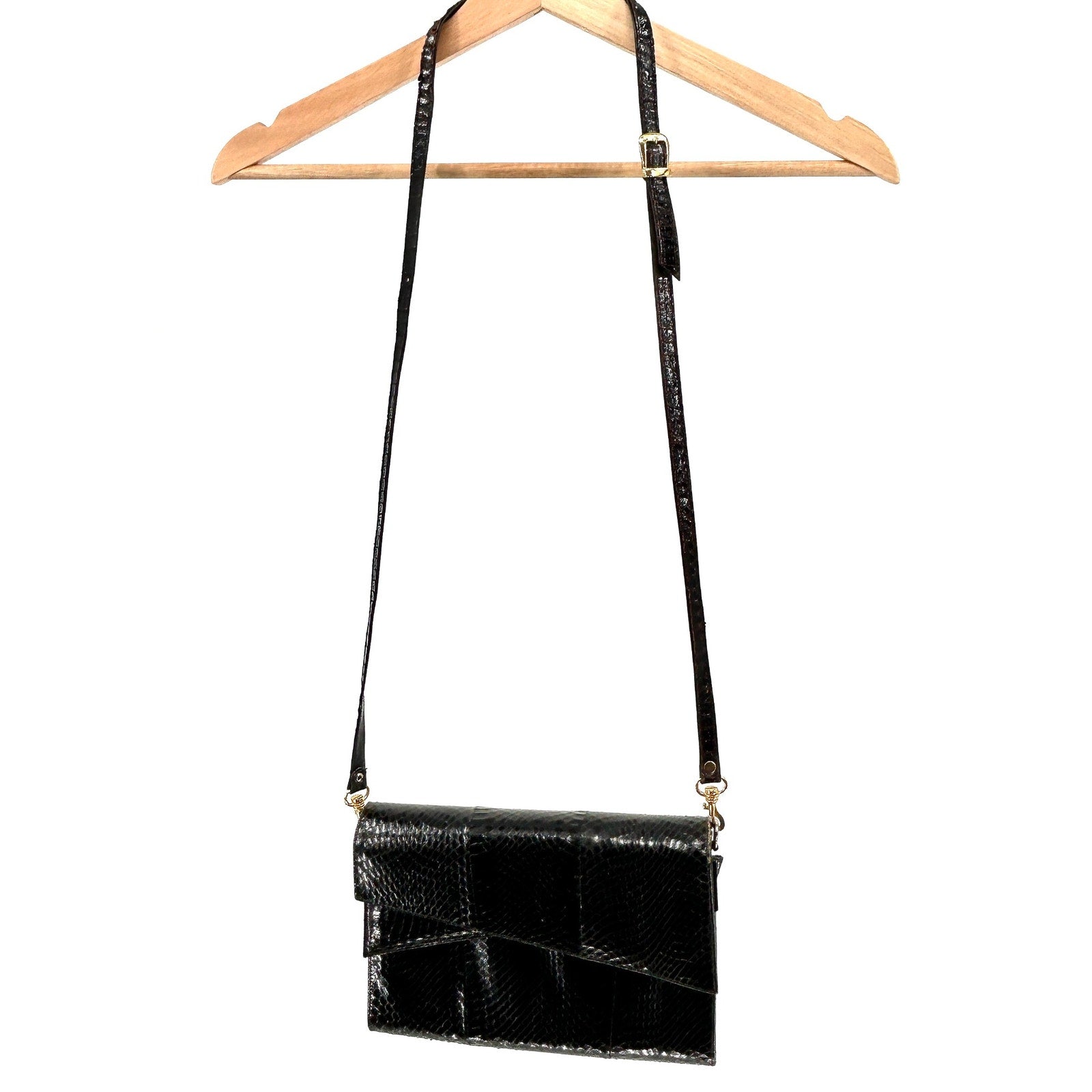 Vintage 80s Black Genuine Snakeskin Gold Hardware Crossbody Clutch