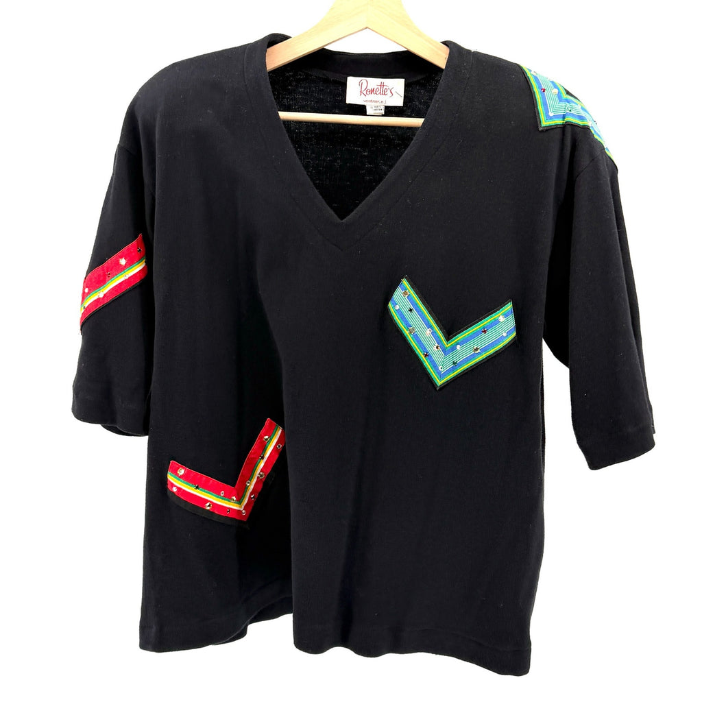 Vintage 80s Ronnette's Black 100% Cotton Rhinestone Jersey Top