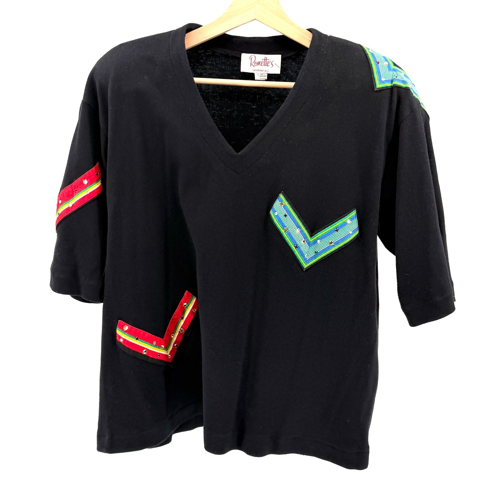 Vintage 80s Ronnette's Black 100% Cotton Rhinestone Jersey Top