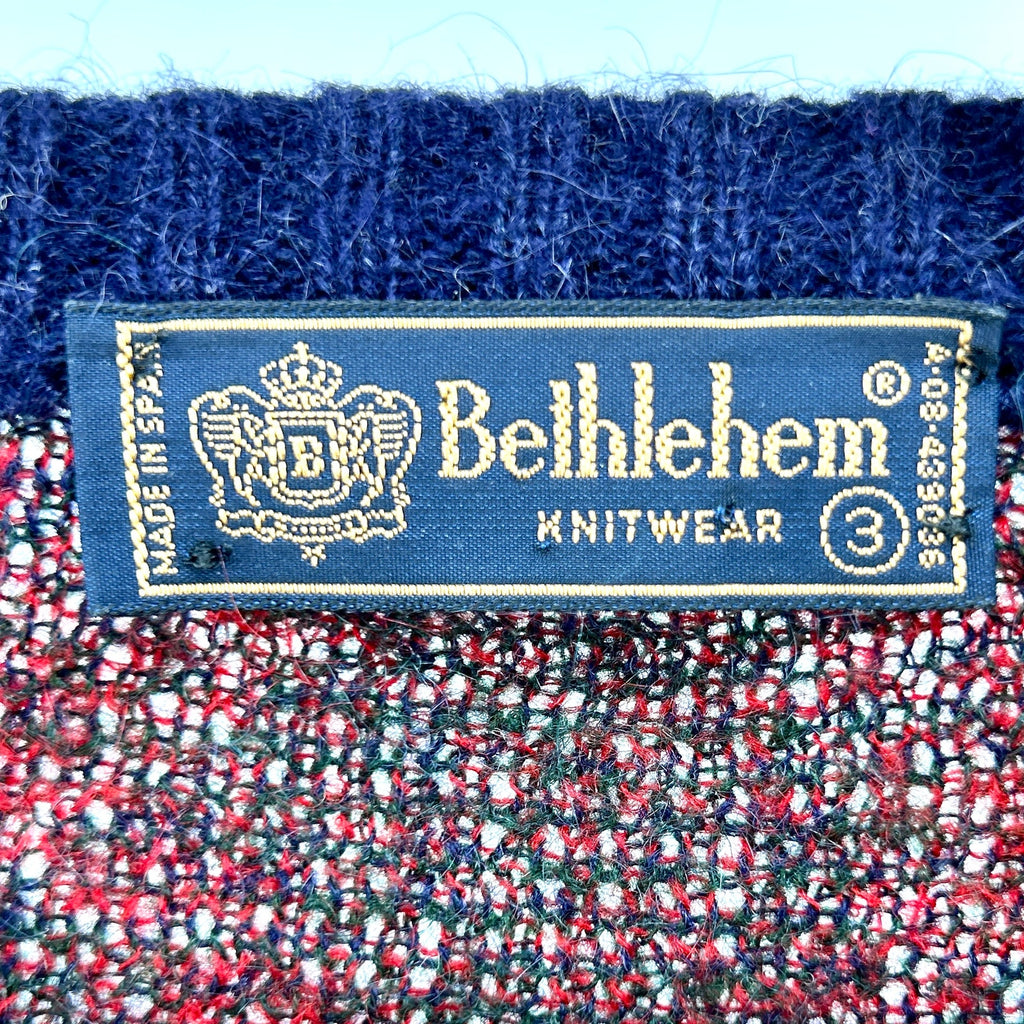 Vintage 90s Bethlehem Knitwear Red Navy Argyle Mohair Blend Sweater