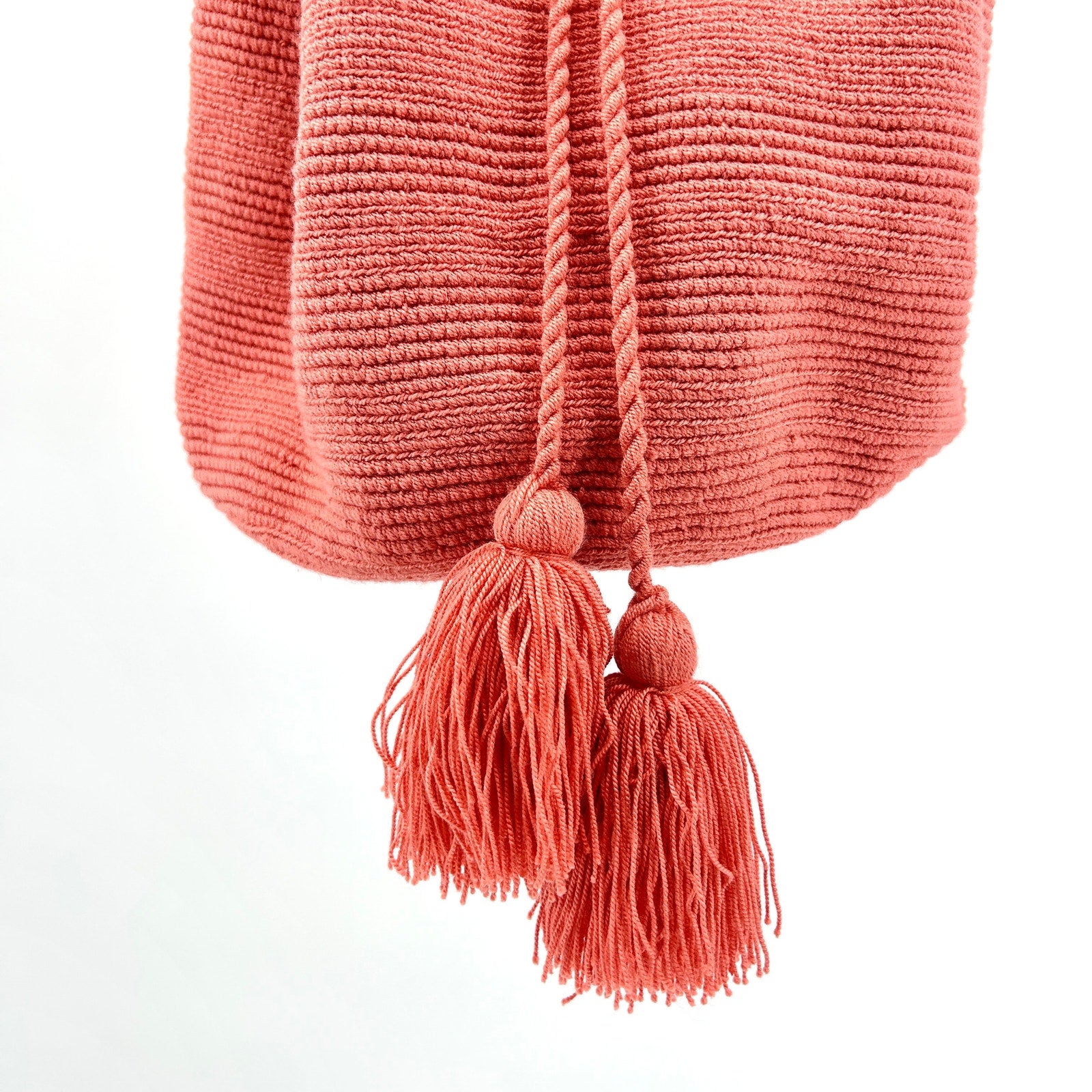 Handwoven Coral Pink Colombian Mochila Pom Pom Tassel Bucket Bag