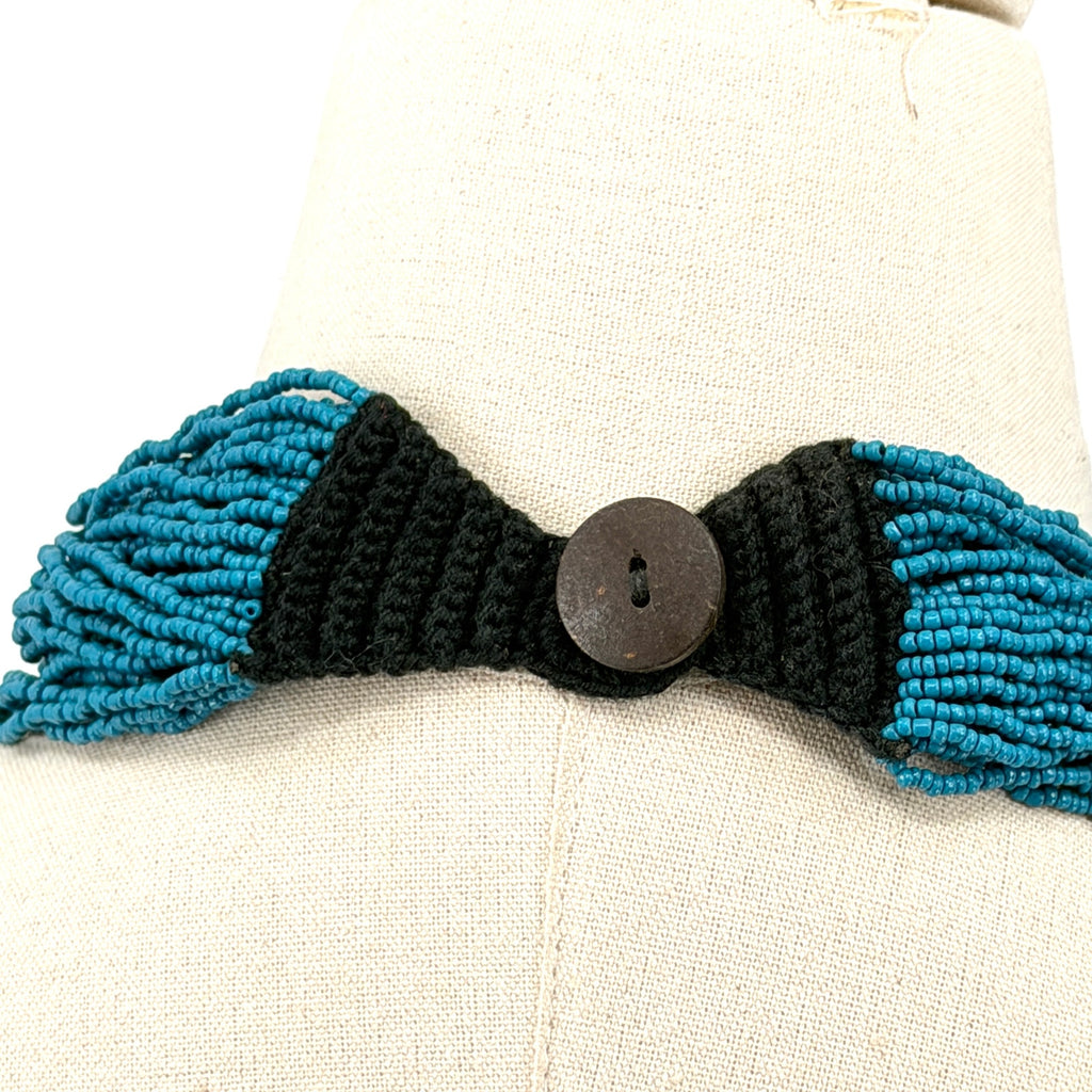 Vintage 90s Blue Ceramic Seed Bead Afrobohemian Multi Strand Necklace