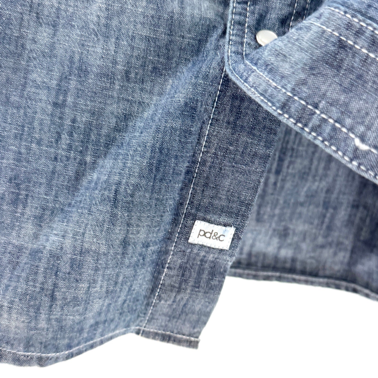 PD&C Blue Denim Chambray 100% Cotton Pearl Snap Western Button Down Shirt